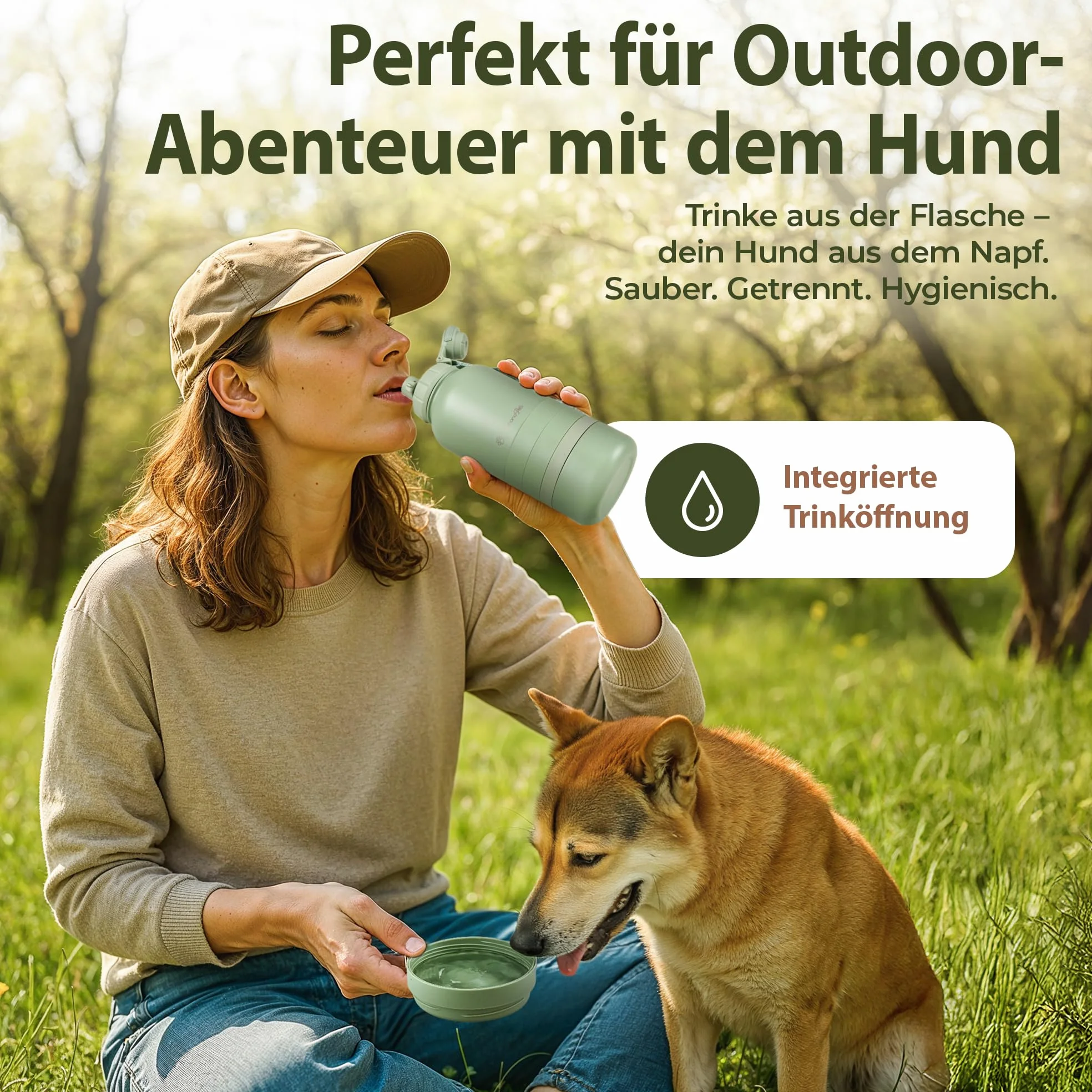 Pets - Borraccia per cani da viaggio, 1 l, con ciotole, ideale per viaggi, esterni, in acciaio inox isolato con ciotola, accessori per cani, bottiglia per cani con contenitore per alimenti