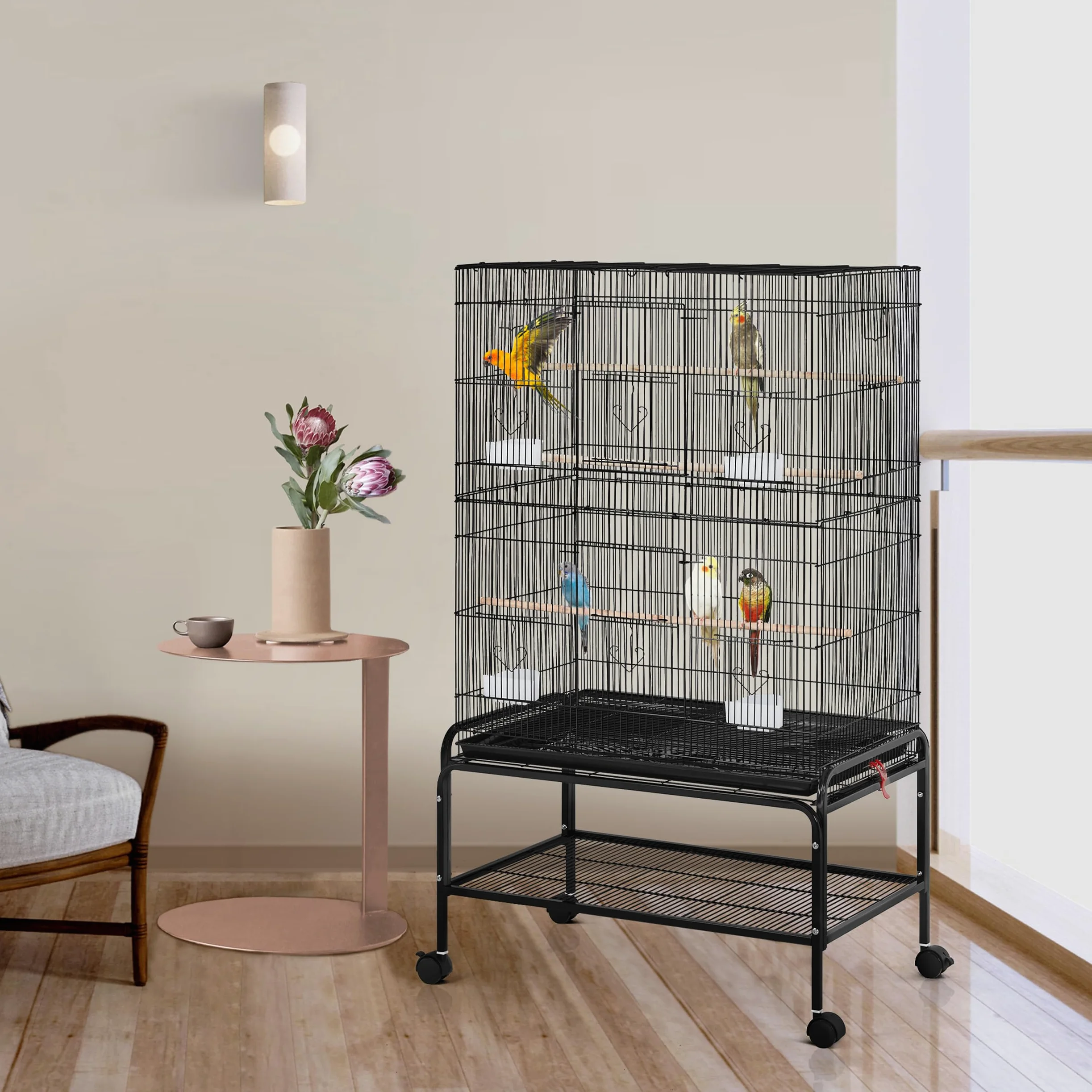 Gabbia Voliera per Uccelli Canarini Pappagalli, Grande con Ruote, Vassoio Estraibile, da Interno ed Esterno 79 x 49 x 135 cm Nero
