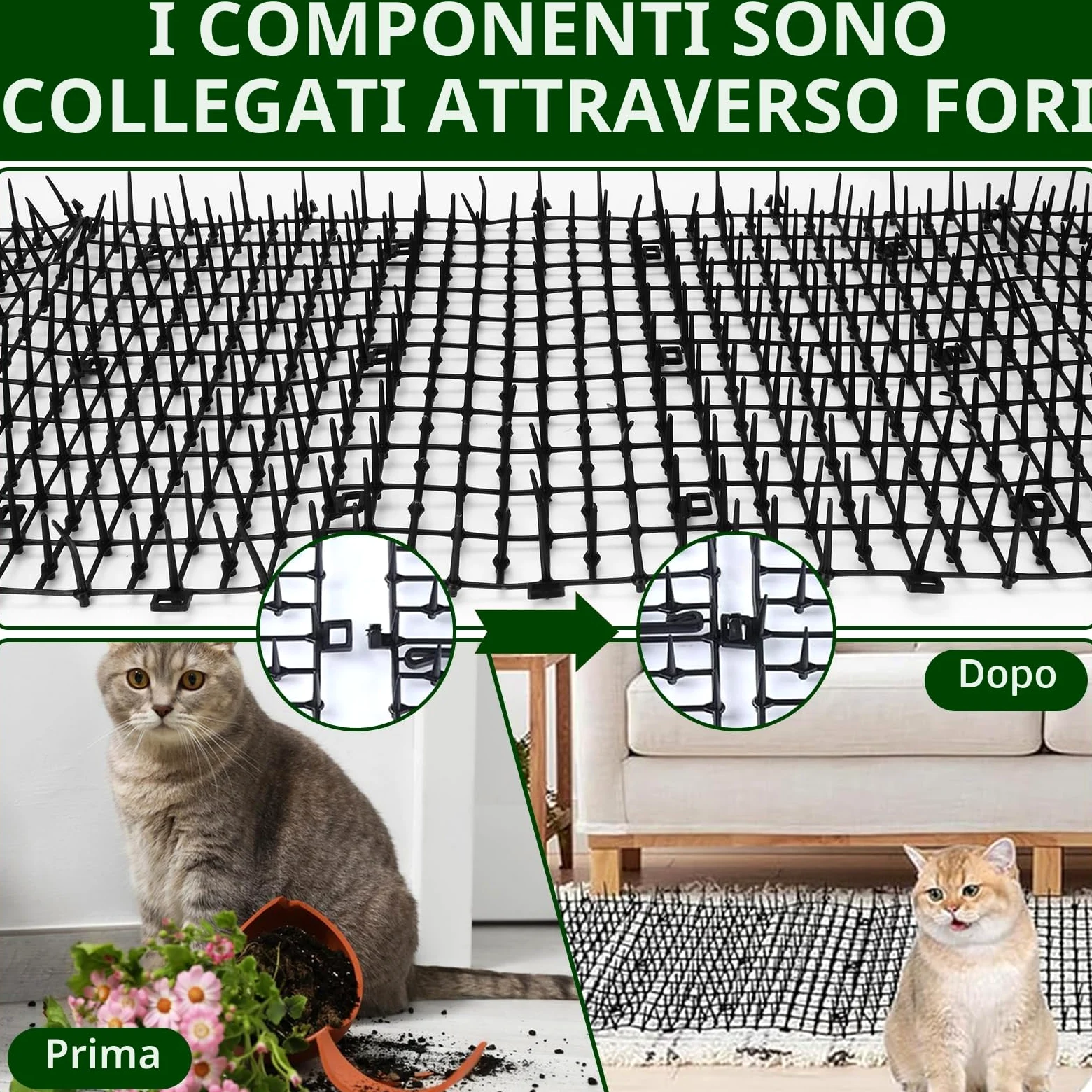 AKOLAFE Tappetino per gatti con 8 picchetti in metallo per esterni, 400 x 30 cm, anti punte, repellente per gatti, cani, volpi, deterrenti per scavare cani da giardino, gatti, volpi