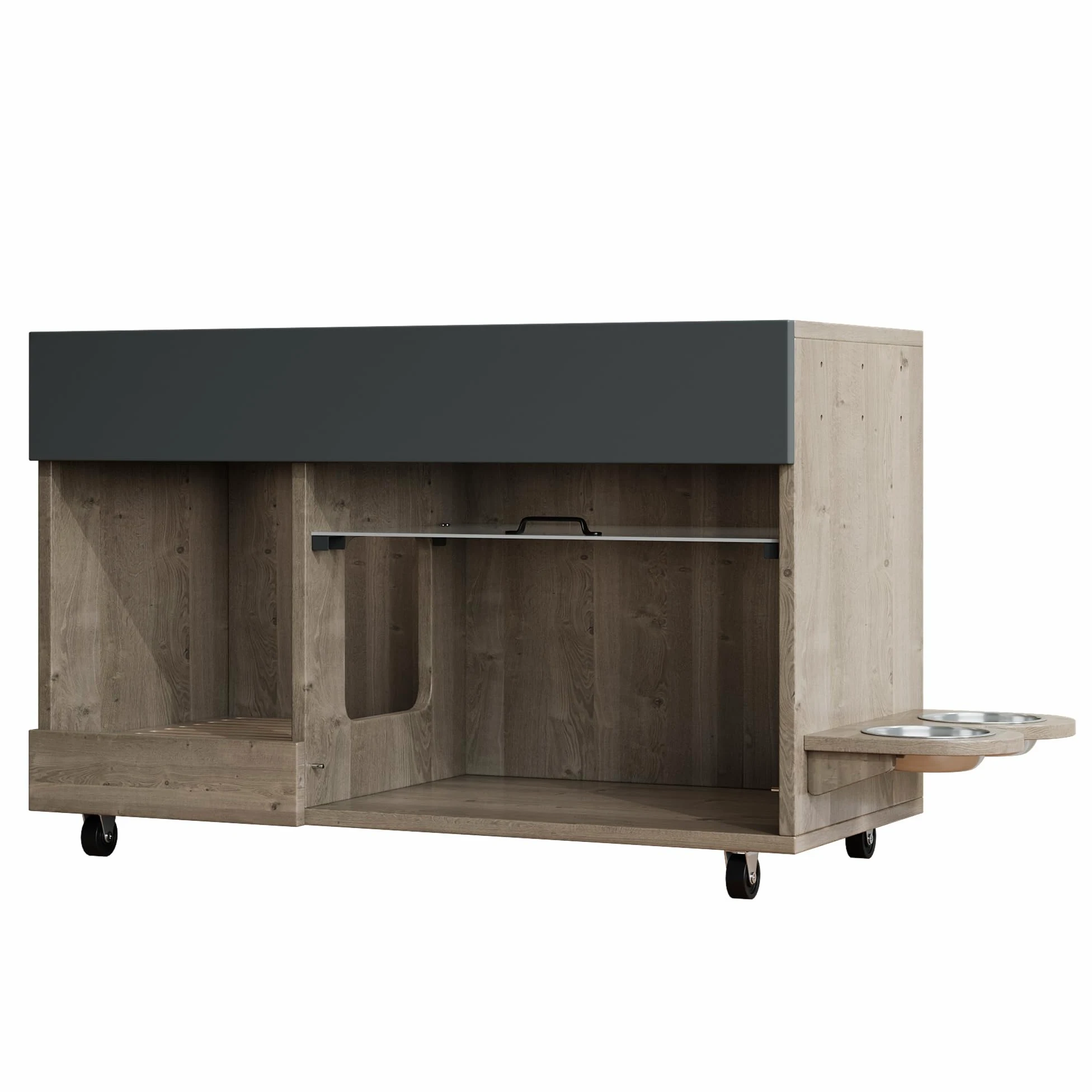 REXO Lettiera mobile per gatti con piatto per cibo per gatti, vassoio di raccolta della sabbia, piastra forata con gancio, senza lettiera per gatti, 100 × 45,5 × 67 cm, grigio antico e marrone, colore