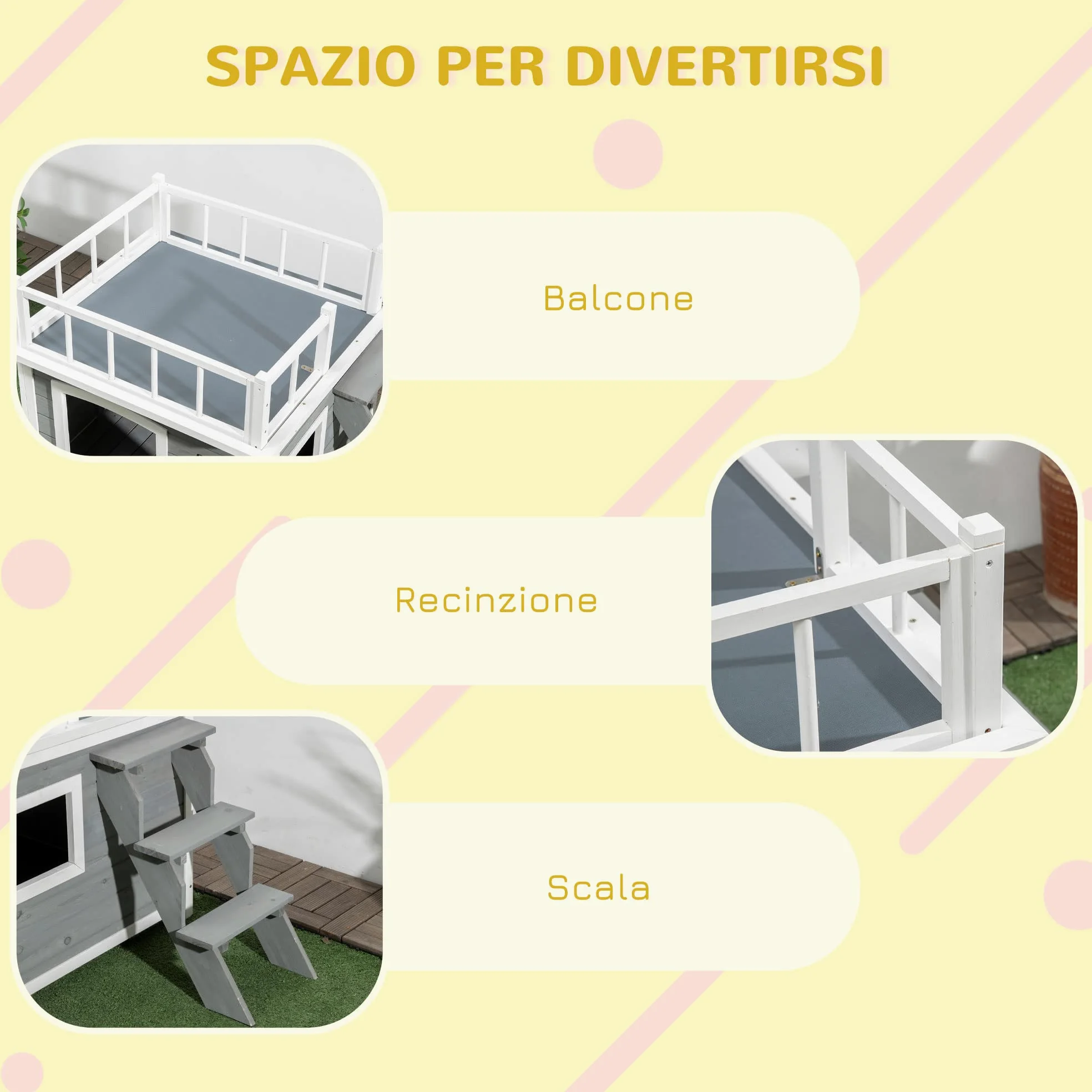 Pawhut Casetta per Cani di Piccola e Media Taglia con Terrazza, Scaletta e Finestra,121x77x78cm, Grigio chiaro