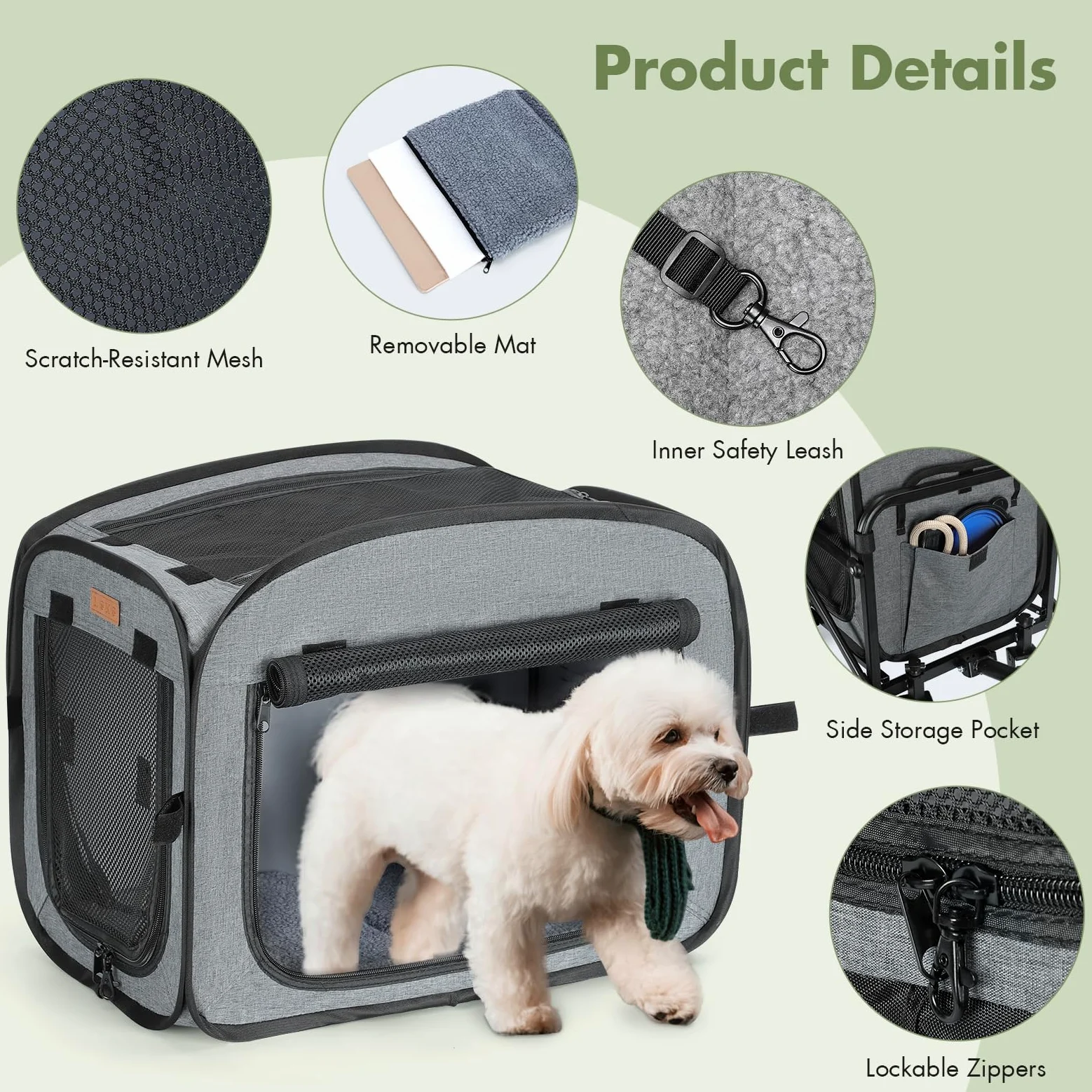 Trasportino per Cani Gatti con Ruote, Trasportino Gatto con Manico Telescopico e Base Rimovibile, Carrello Animali Rotolante Carico Massimo 18 kg con Grandi Ruote per Tutti Terreni, Grigio