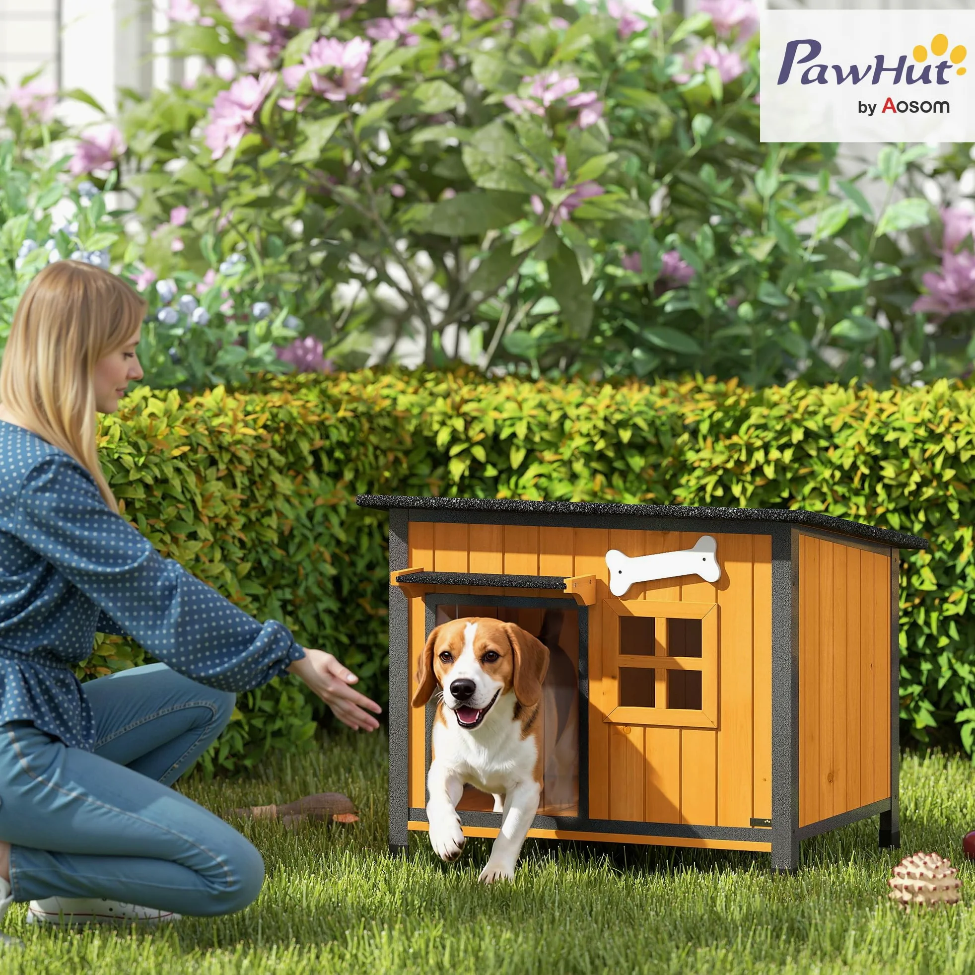 PawHut Cuccia per Cani da Esterno in Legno e Acciaio Anti-Morso, Casetta per Cani Rialzato con Tetto Spiovente Apribile e Impermeabile, Pavimento Rimovibile, Tenda per Porta, Tettoia, 84.5x62x65 cm