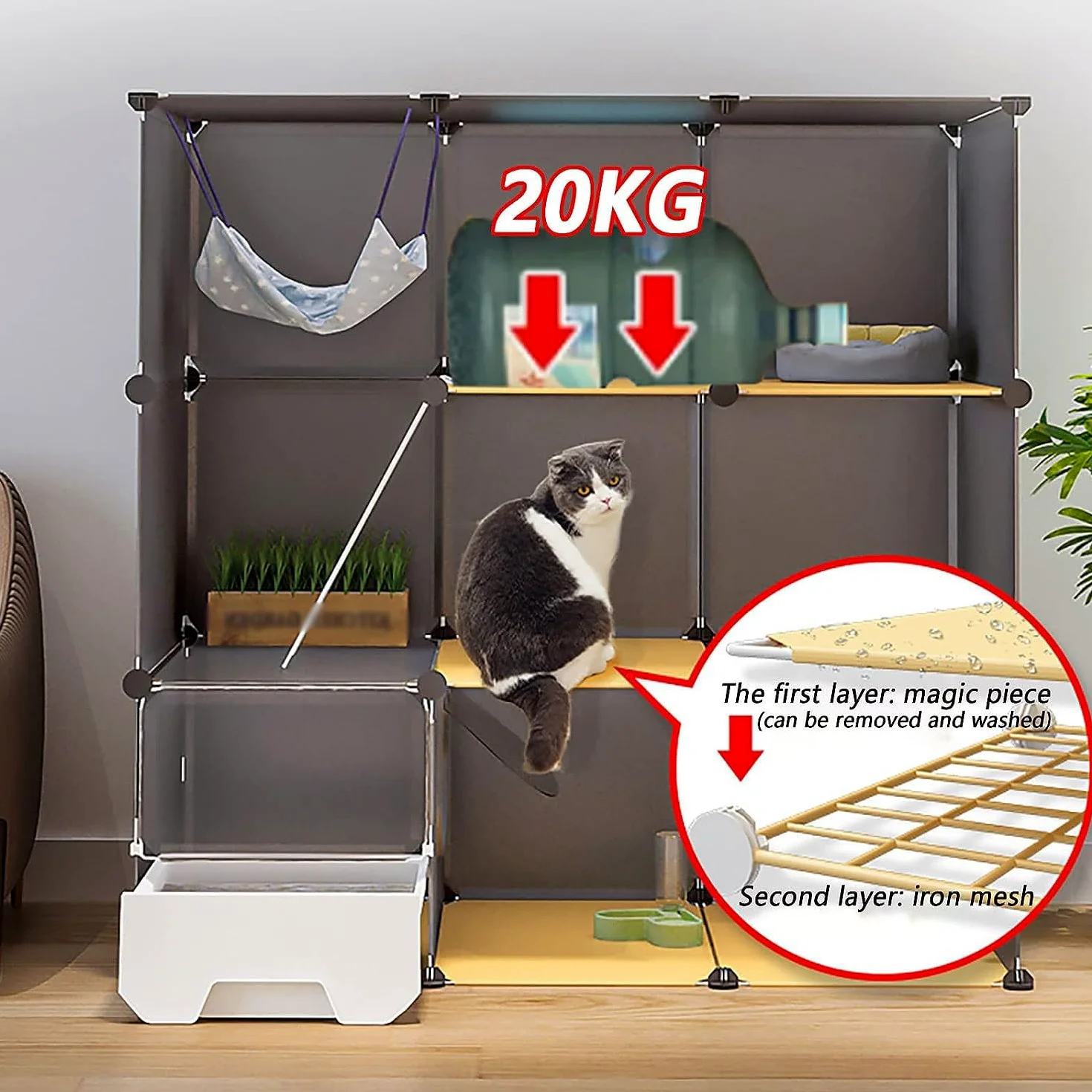 Recinzione per gatti con lettiera, box multi-livello per animali domestici, cuccia in metallo staccabile per esercizi