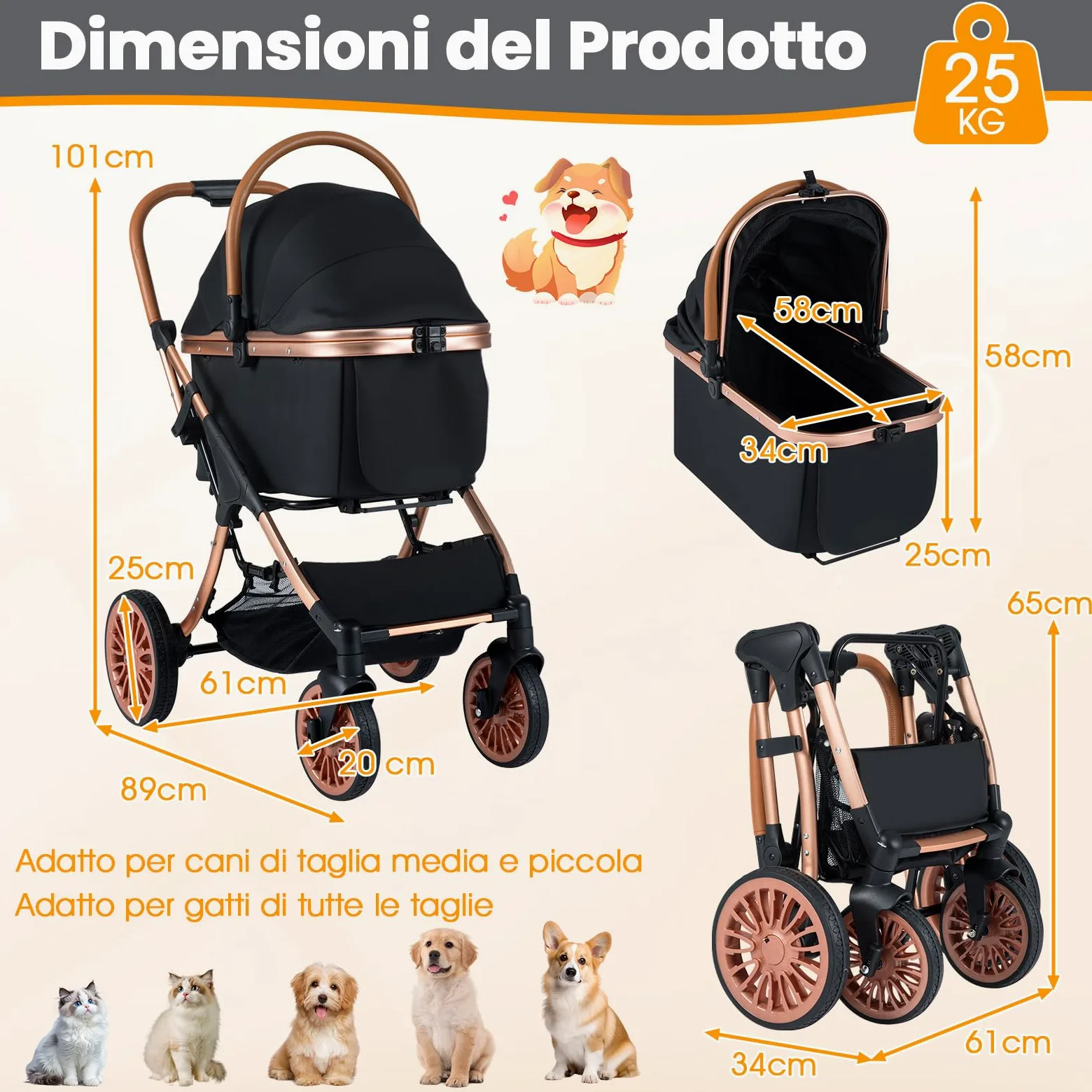 COSTWAY Passeggino Pieghevole per Cani 3 in 1, Carrozzino per Animali con Portapacchi Rimovibile, Tettuccio, Cuscino Rimovibile, Cintura di Sicurezza, Cestino e Portabicchiere, Portata 25 kg