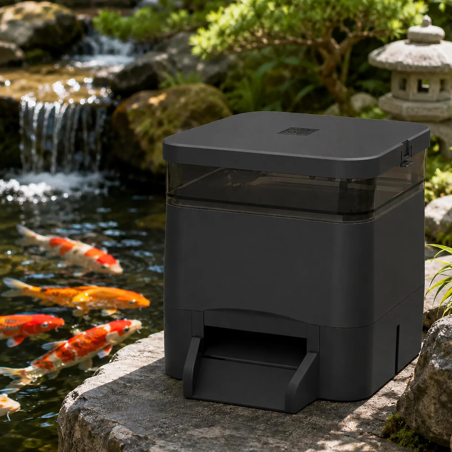 Distributore Mangime per Laghetto 4 L - Mangiatoia Automatica per Koi e Pesci Rossi Black