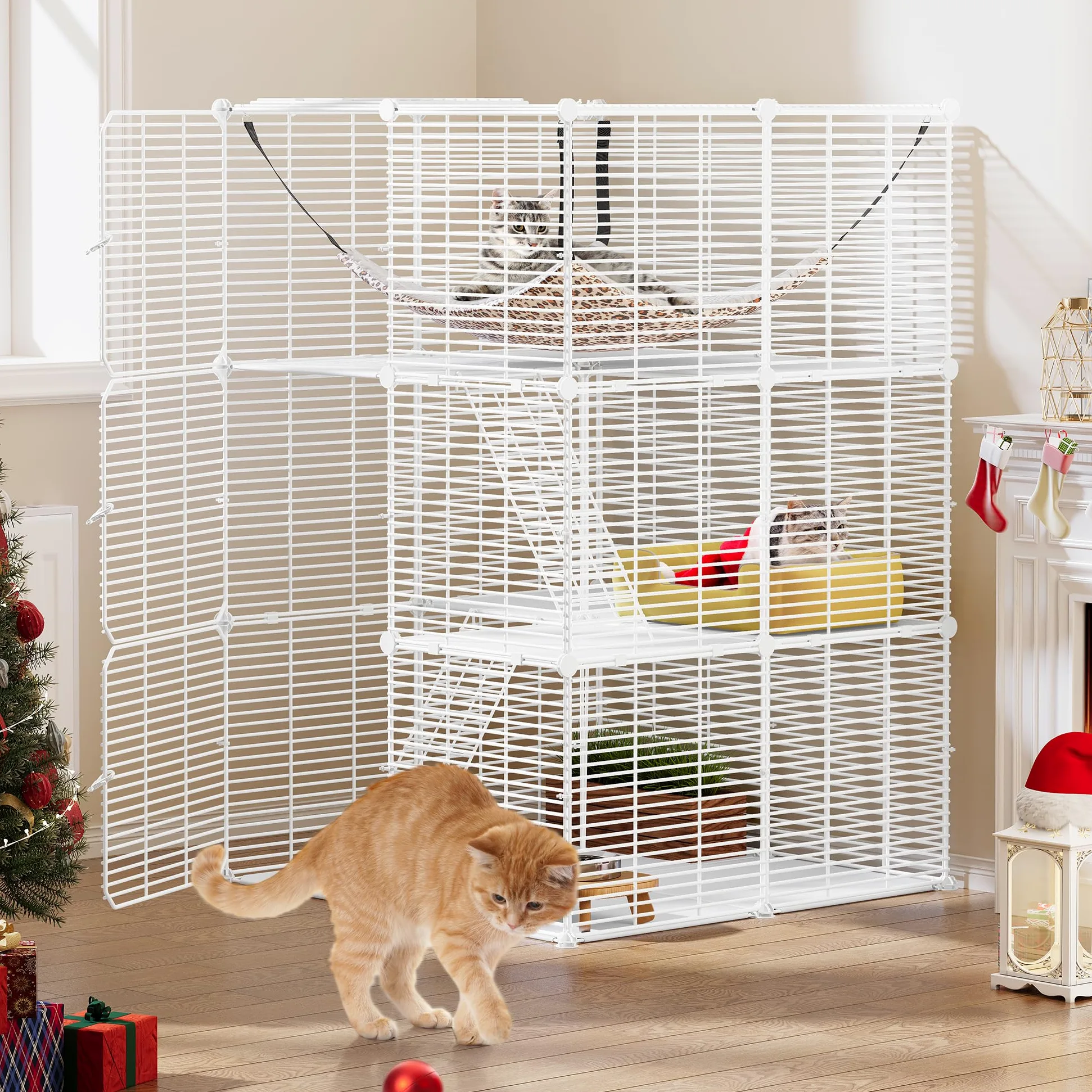 YITAHOME Recinto per Gatti a 3 Livelli Con 3 Porte, 2 Scale, Box in Metallo Con Amaca, Catio a Filo Denso Rimovibile per 1-2 Gatti, Bianco, 72x72x104 cm