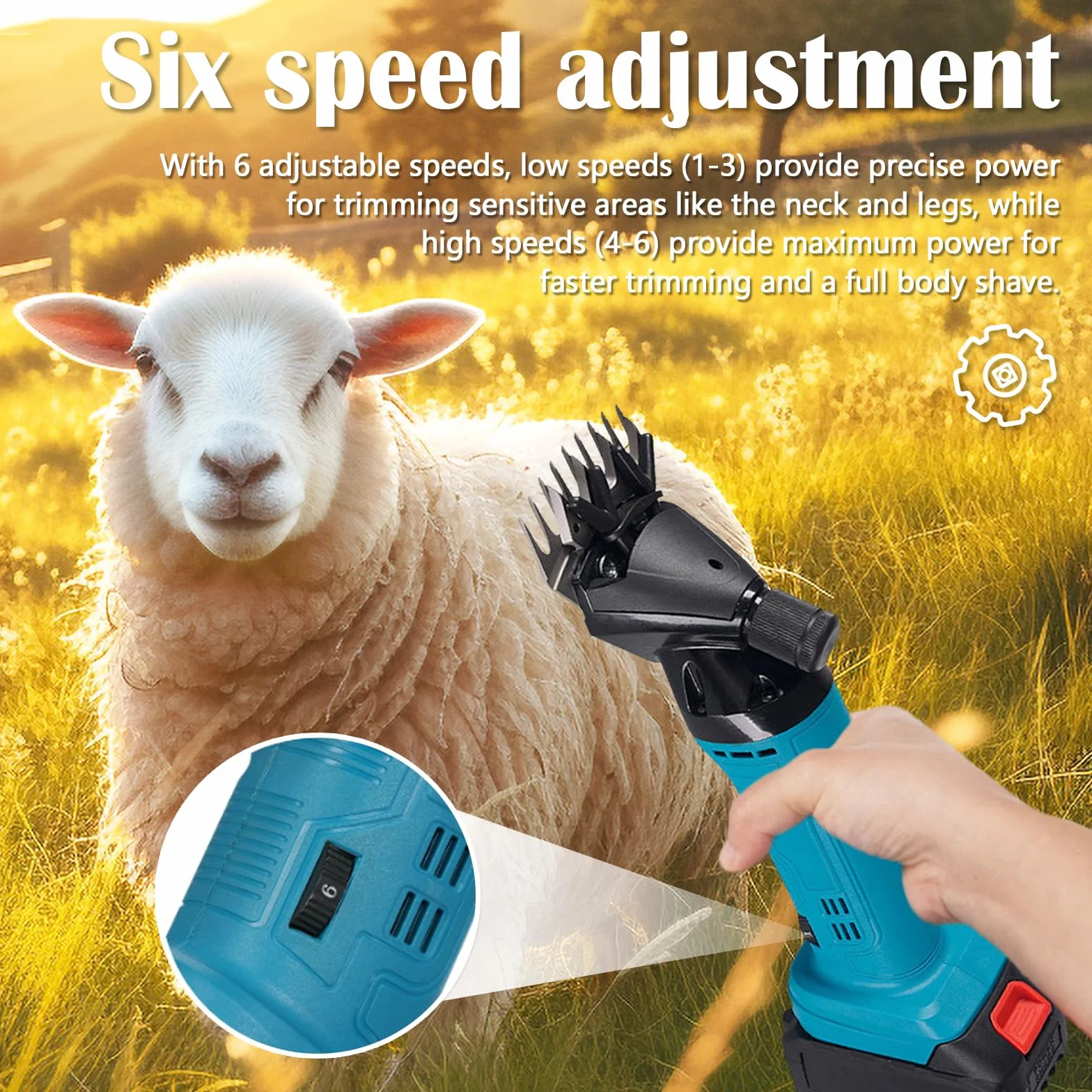 Tosatrice per Pecore, 3000 Mah Professionale Tosatrice per Pecore Tosatrices Elettrica A Batteria 6 Velocità Regolabili con 2 Batterie per Pecores Capre Alpaca E Bovini (13 Denti Dritti )