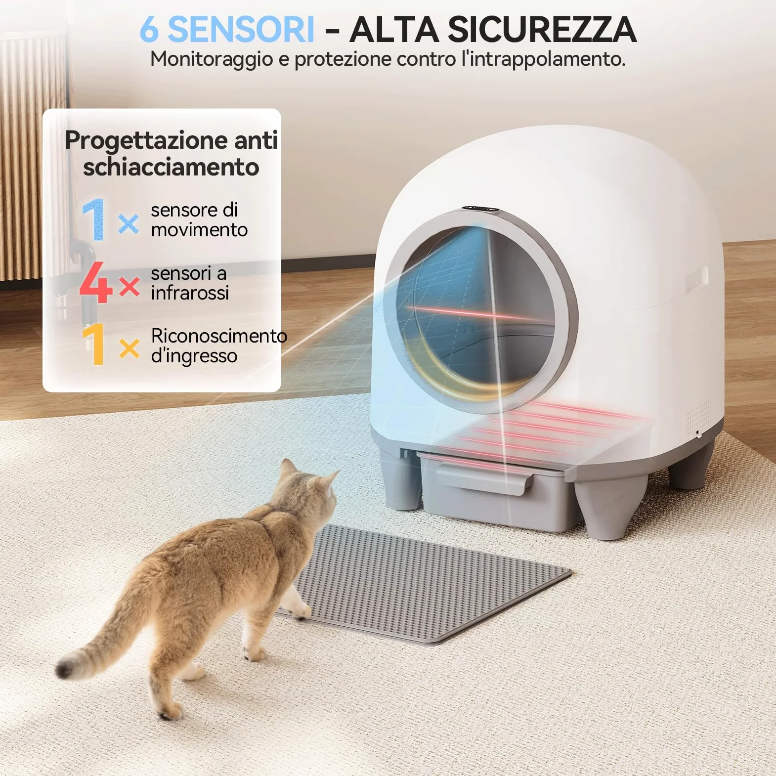 JUMMICO Lettiera Gatto Autopulente Antiodore， 90L lettiera autopulente per gatti xxl. Controllo APP cat litter box self cleaning con sensori, ingresso basso anti-intrappolamento/odore, per più gatti