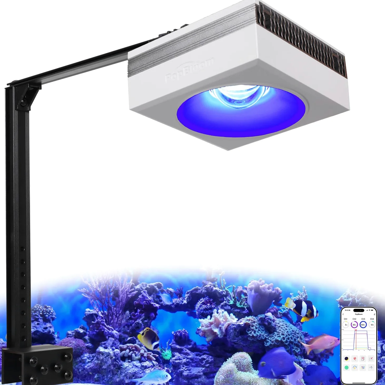 PopBloom WiFi LED Acquario Marino 100W, Lampada Acquario Marino a Spettro Completo per acquario di pesci SPS/LPS, L'APP supporta l'italiano (1 lampada con kit a braccio)