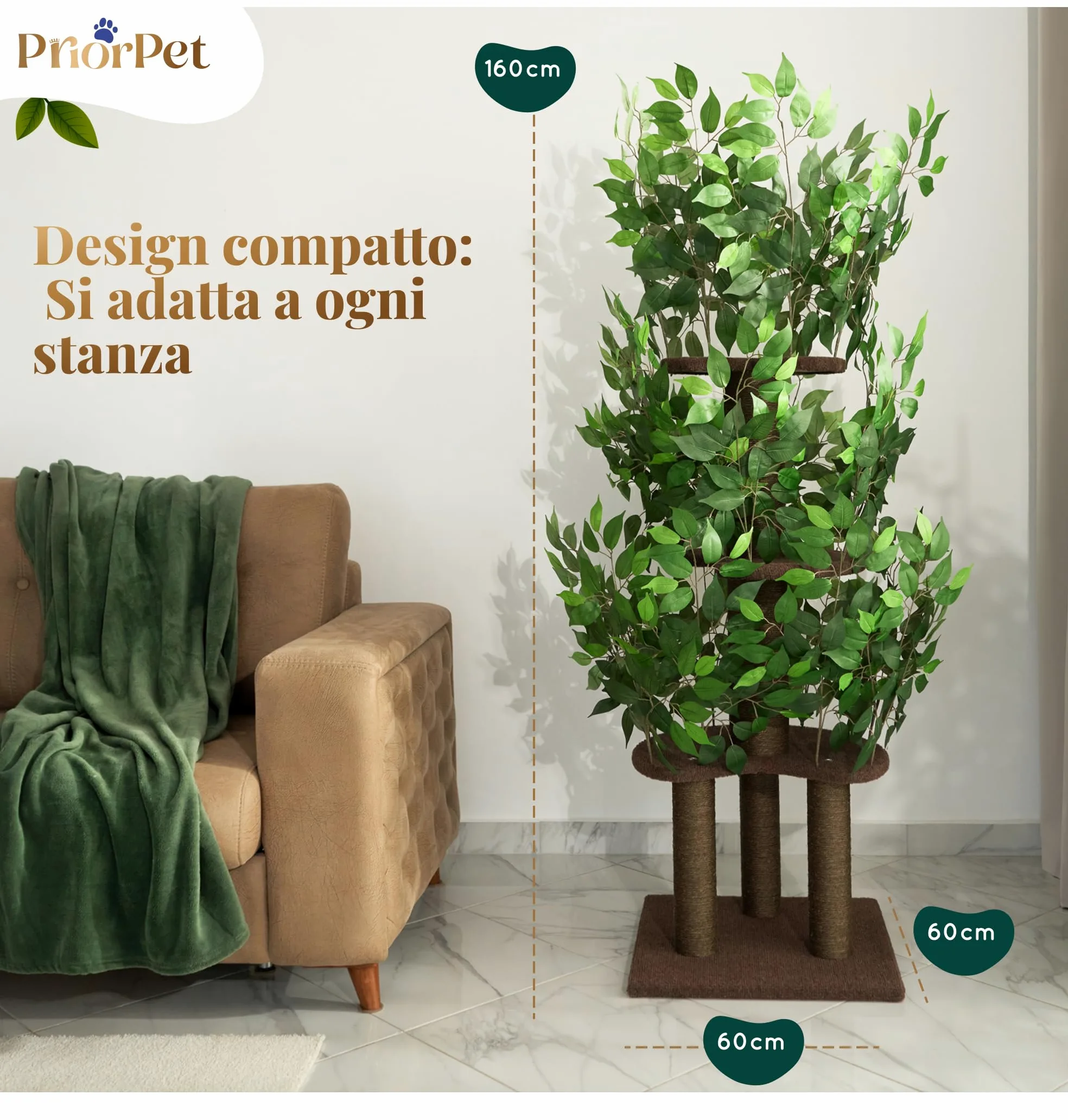Albero per gatti con Foglie – Compatto e Robusto Tiragraffi per gatti adulti – Albero con 4 Livelli Graffiabili – Per Arrampicarsi Nascondersi e Dormire – Facile da Montare – Ideale per Spazi Ridotti