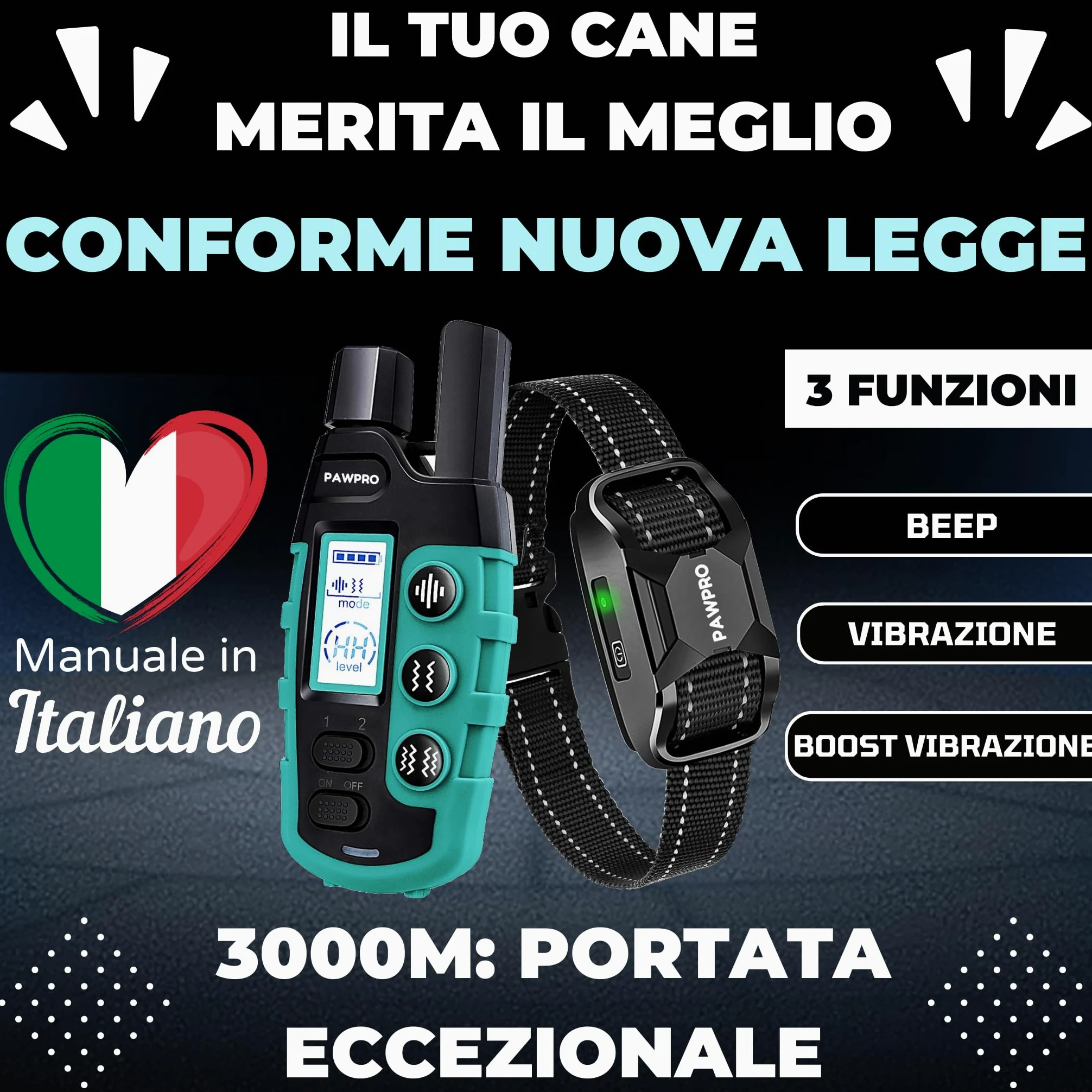 PAWPRO Collare da Addestramento per Cani | Portata XXL di 3000 m | Conforme Nuova Legge Benessere Animali 2024 | 3 moda Beep, Vibrazione, Boost Vibrazione | Per cani di Tutte le Taglie | Manuale IT