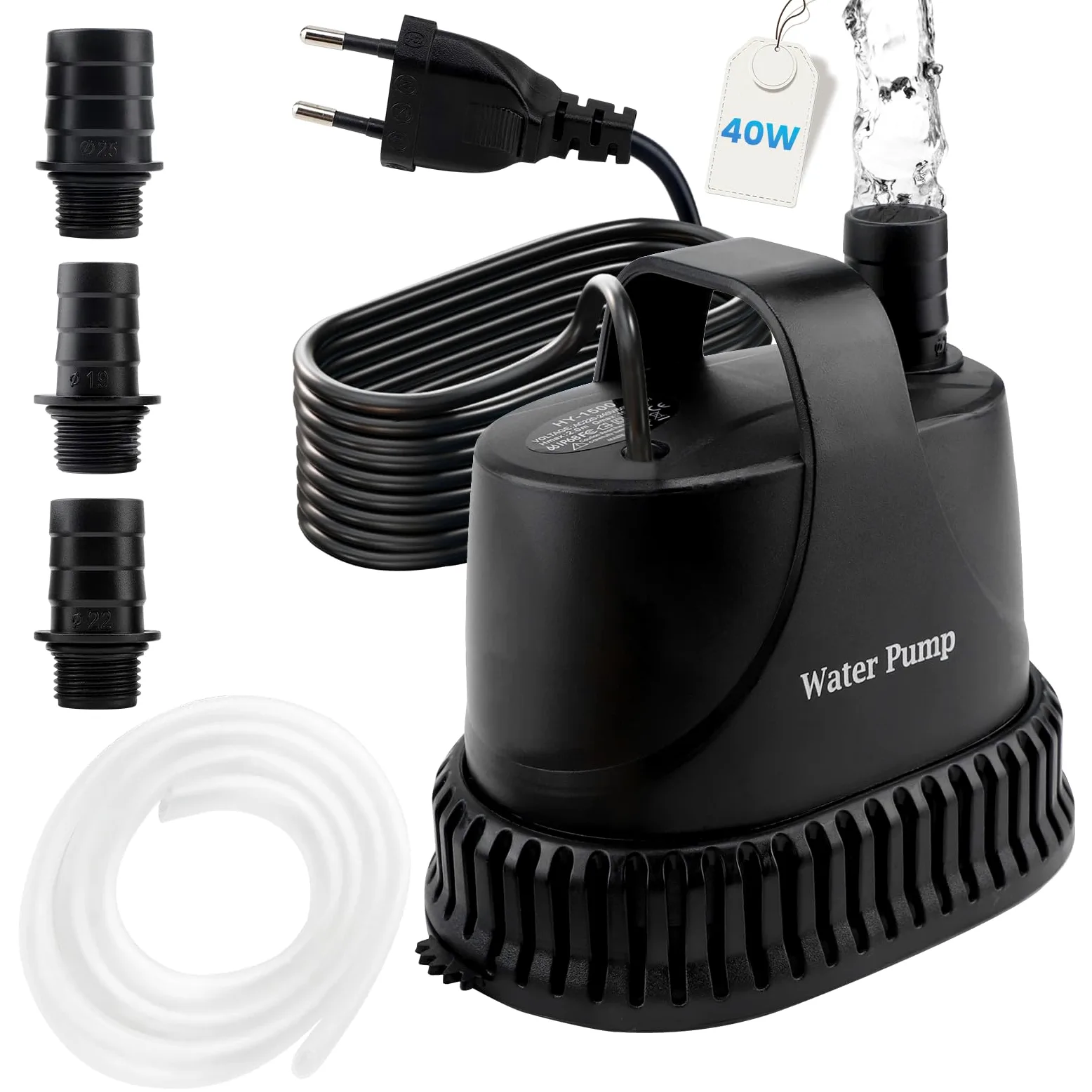 EXLECO Mini Pompa Acqua Submersible 3000L/H 40W, Piccola Acquario Pompa Immersione 230V, Pompa Dell'acqua Sporca Irrigazione Giardini con cavo da 2M, 2 Ugelli, per Fontana Giardino Laghetto