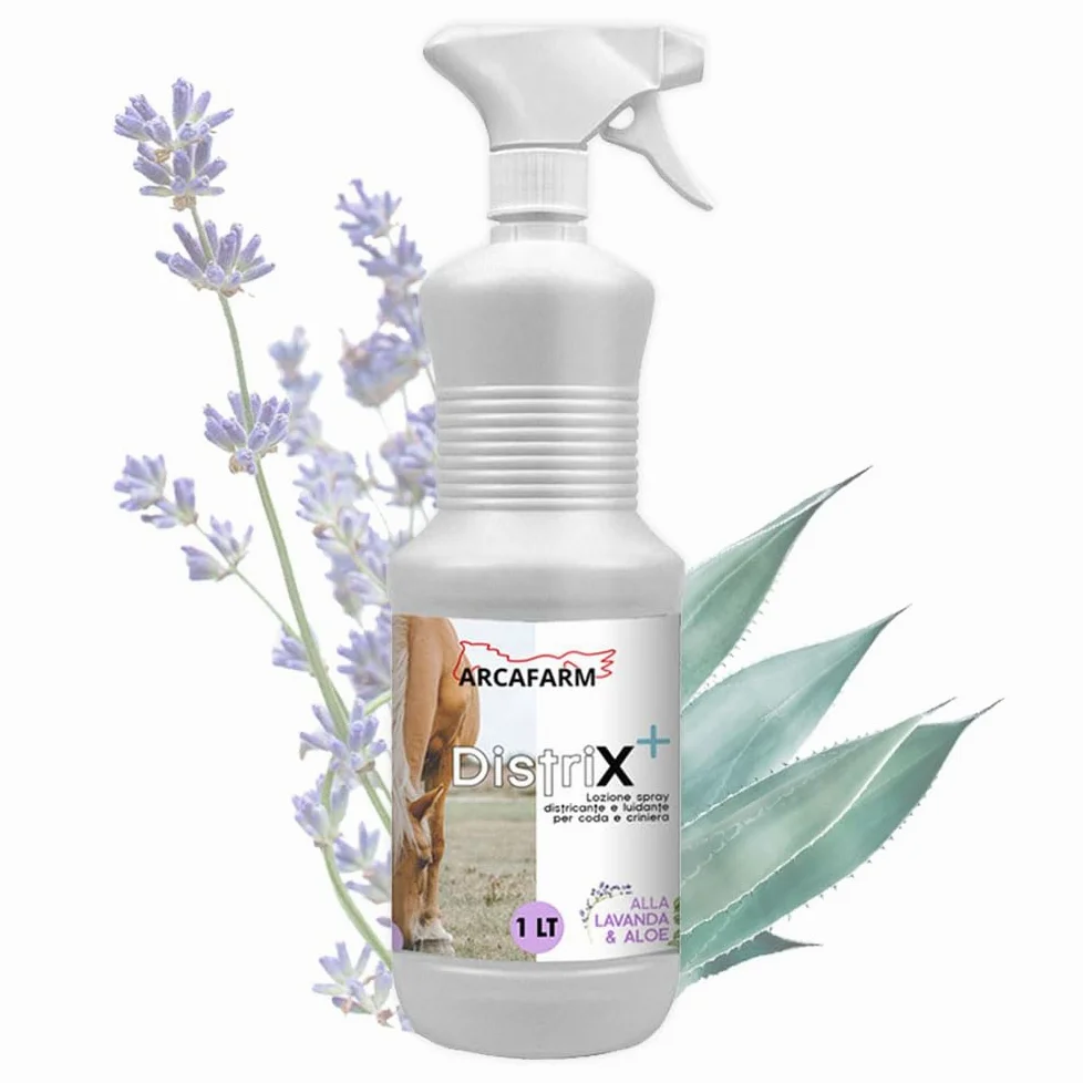 Spray Districante Naturale per Cavalli 1 lt Lavanda e Aloe, Distrix Lucidante Coda Criniera Manto morbido lucido, Detergente Pulizia Pelo rimuovi sporco, lozione a secco per nodi - 100% Made in Italy