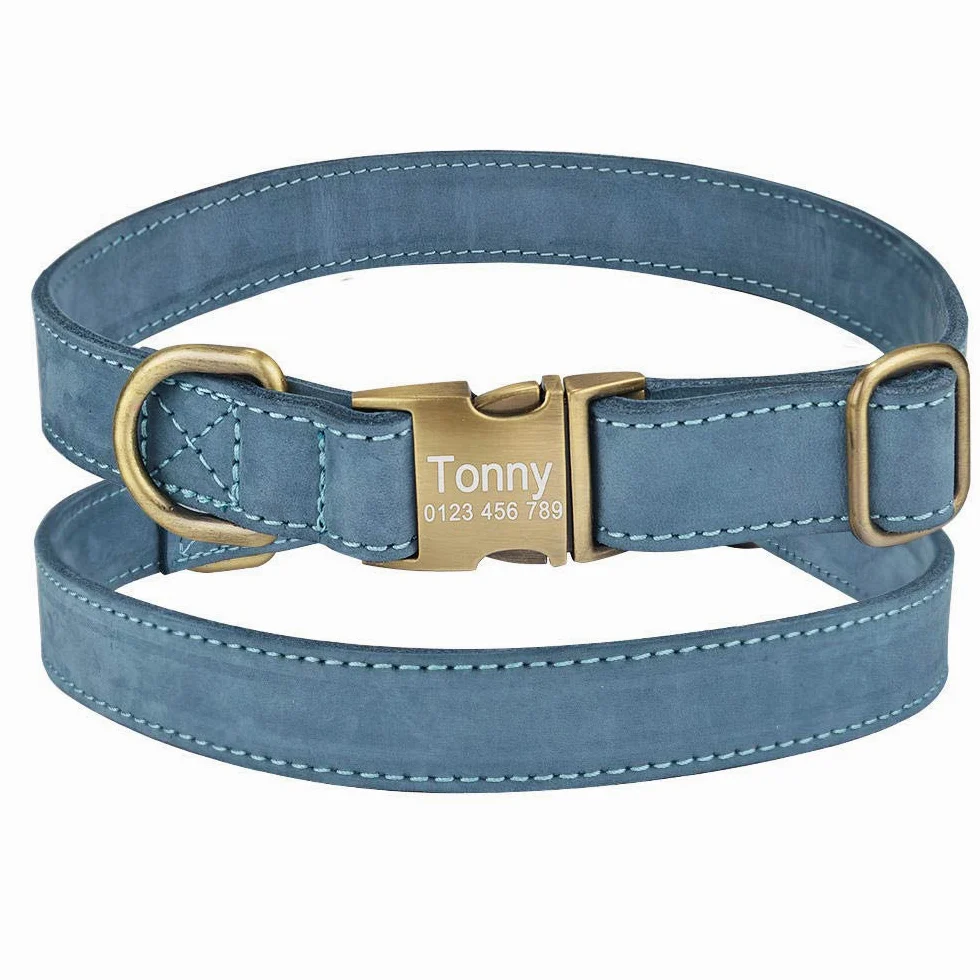 Collare per Cane in Pelle con Nome Personalizzato per Cucciolo, Fibbia per Ragazza Ragazzo con Incisione Personalizzata SL-Blue_L_ (36-55_cm)