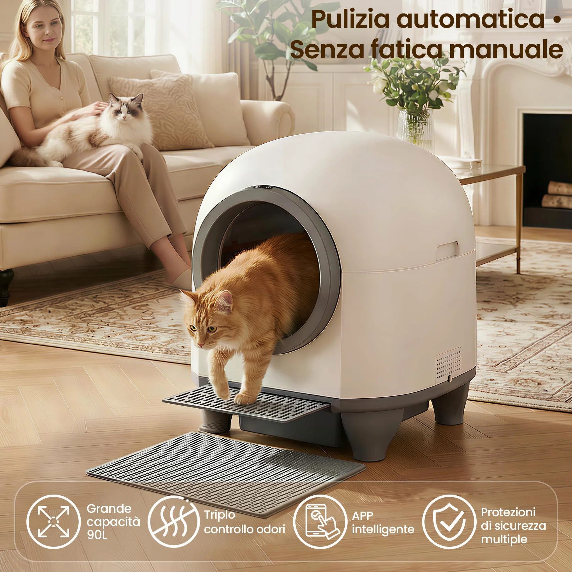 Lettiera Gatto Autopulente con APP, Lettiera Autopulente per Gatti da 90 L con Cassetto Feci da 8,5 L per Oltre una Settimana, Sistema Profumato e Sensore Radar, Adatta a Famiglie con Più Gatti.