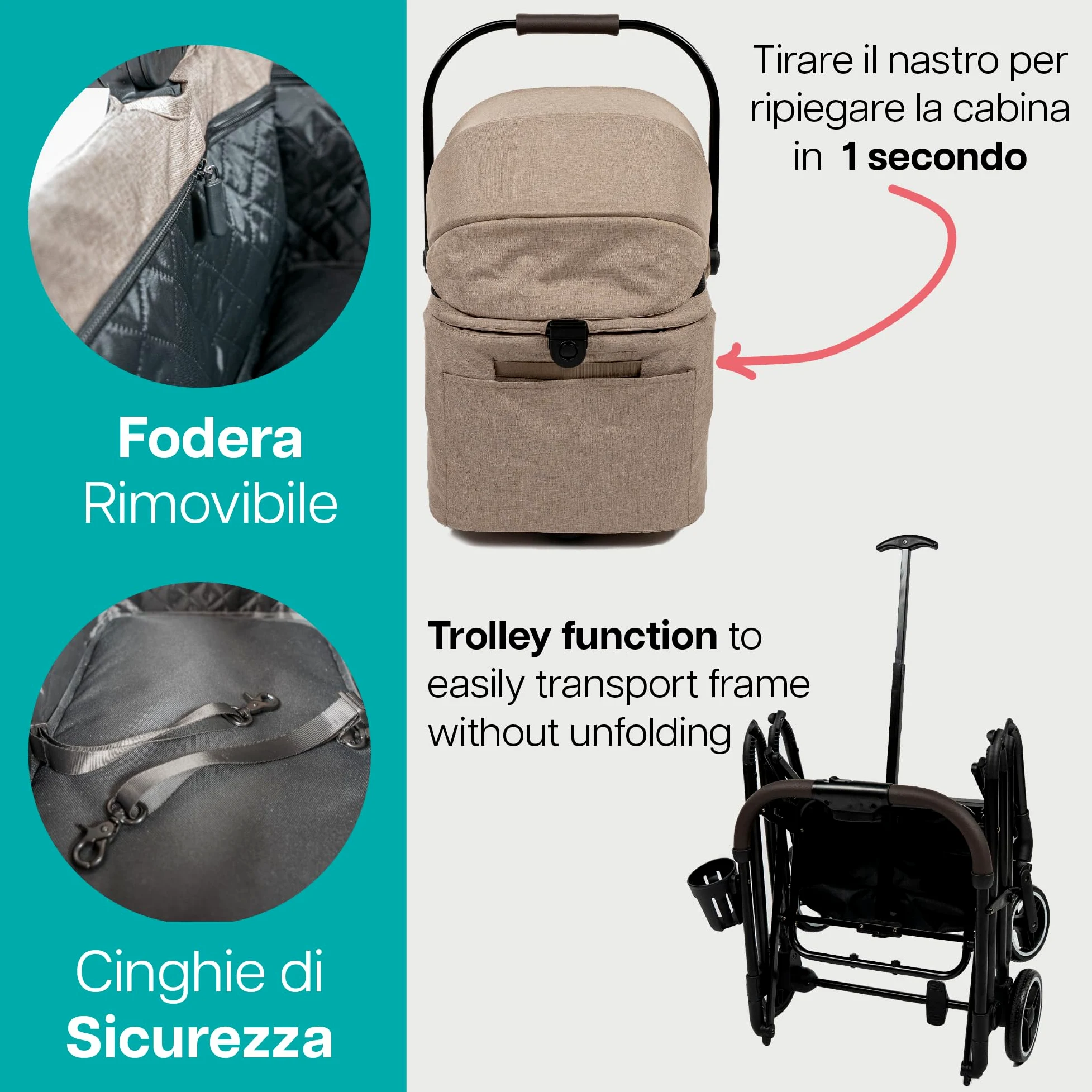 Passeggino compatto per animali Innopet Nomad - Passeggino pieghevole e leggero per cani e gatti fino a 20 kg - Trasportino per animali, seggiolino auto e passeggino 3in1