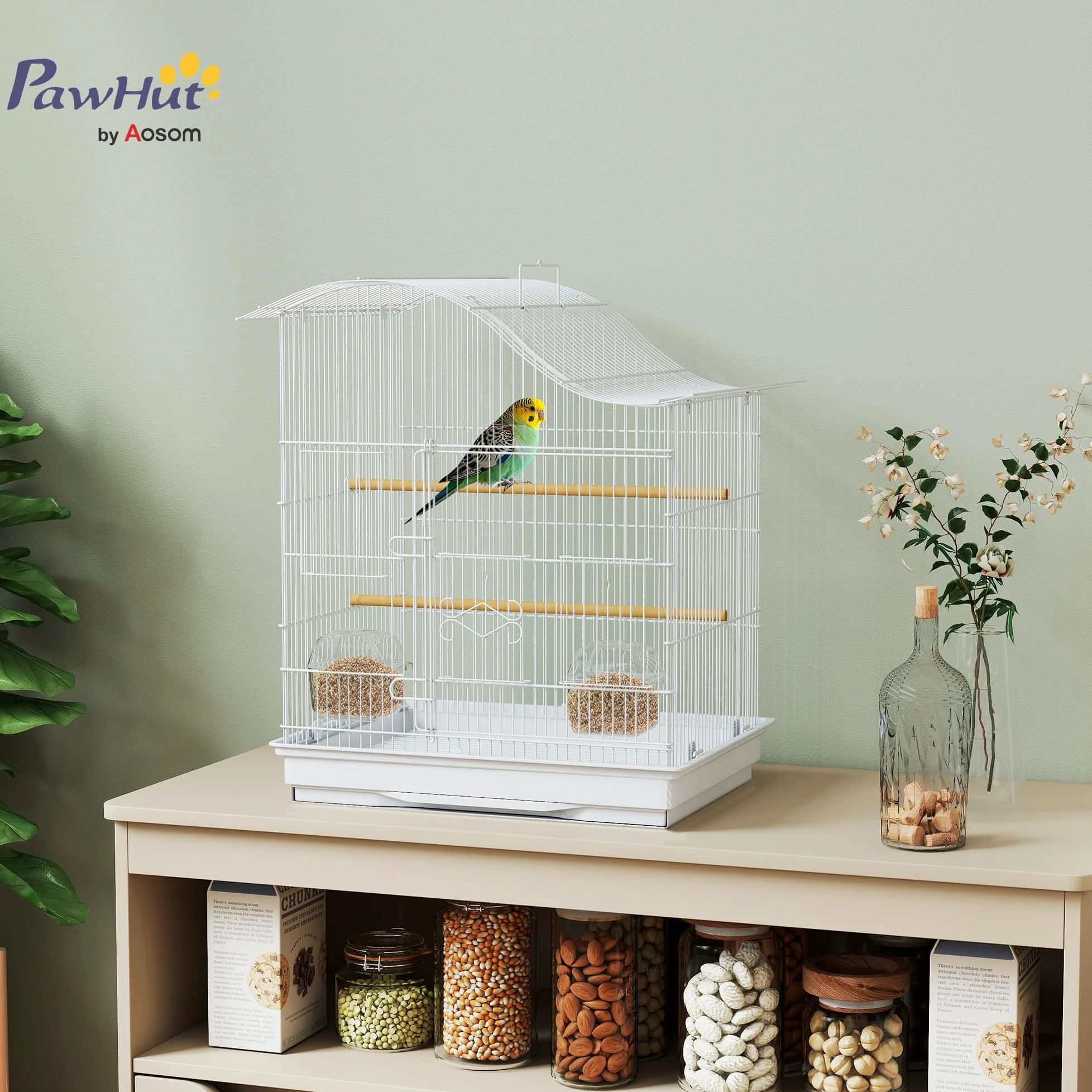 PawHut Gabbietta per Uccelli a 4 Ingressi con 2 Ciotole, 2 Posatoi e Vassoio Estraibile, Voliera in Metallo e Plastica, 47.5x36x54.5 cm, Bianco