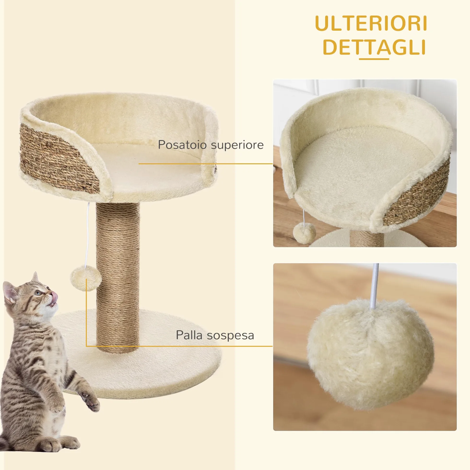 PawHut Albero Tiragraffi per Gatti Adulti e Gattini, Trespolo con Lettino per Gatti, Palo in Juta e Pallina Appesa, 40x40x49cm, Beige