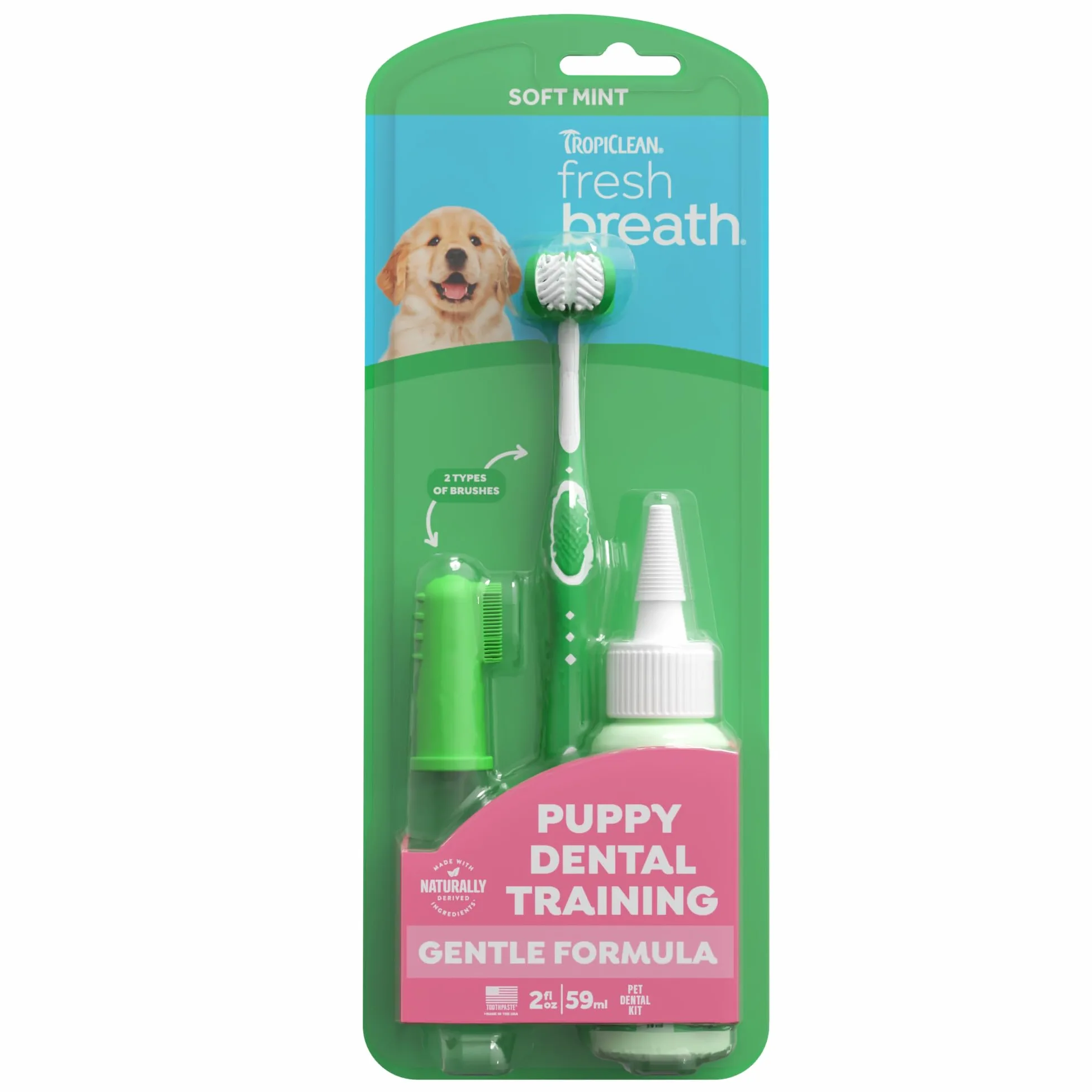 TropiClean Fresh Breath Puppy, kit per l'igiene orale, deodorante per l'alito, kit completo di spazzolini da denti per cani per cuccioli, aiuta a rimuovere placca e tartaro, per cuccioli, 59 ml (la confezione può variare)