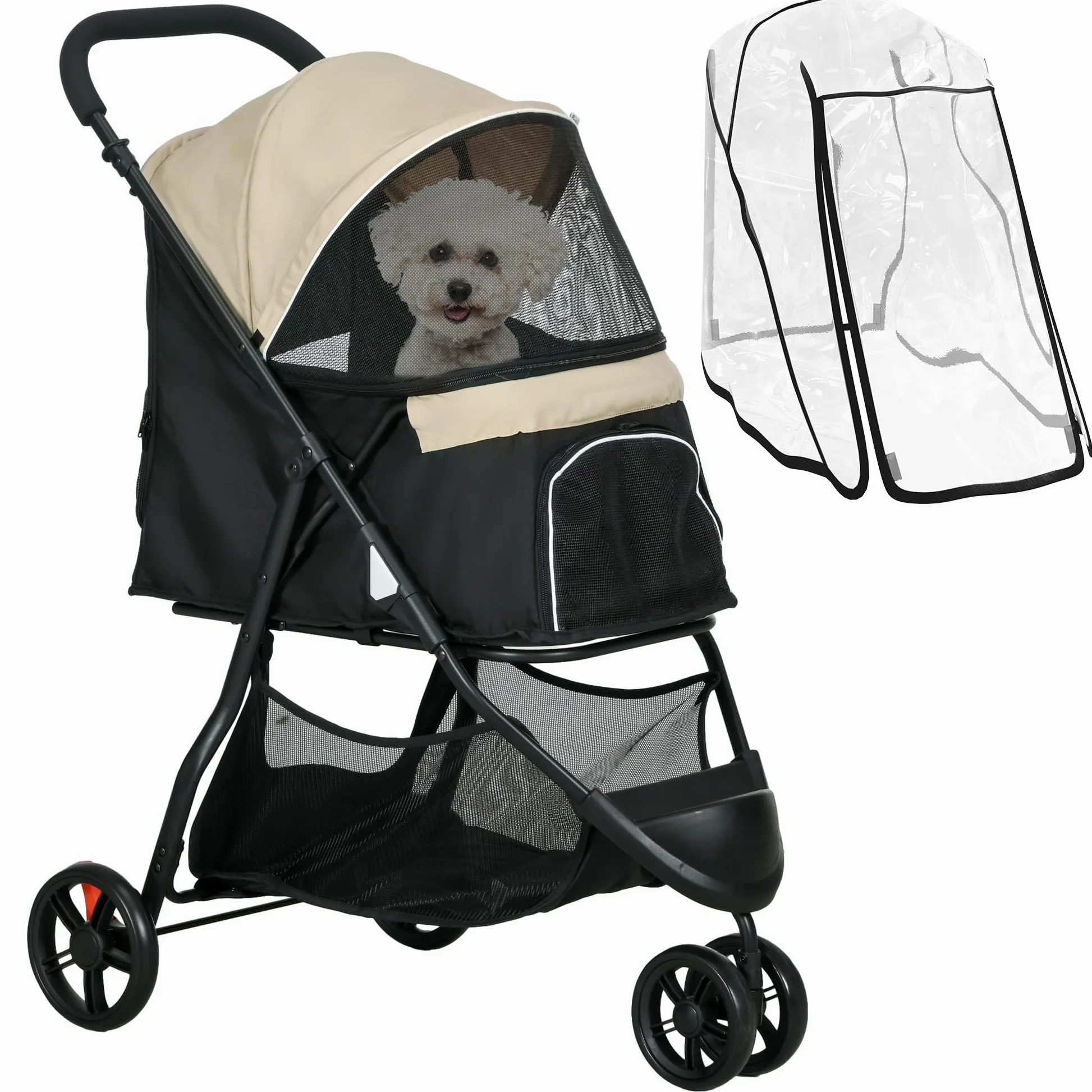 PawHut Passeggino per Cani Piccoli e Mini a 3 Ruote, Passeggino per Animali Pieghevole con Copertura Antipioggia, Cestino e Guinzaglio, Cachi