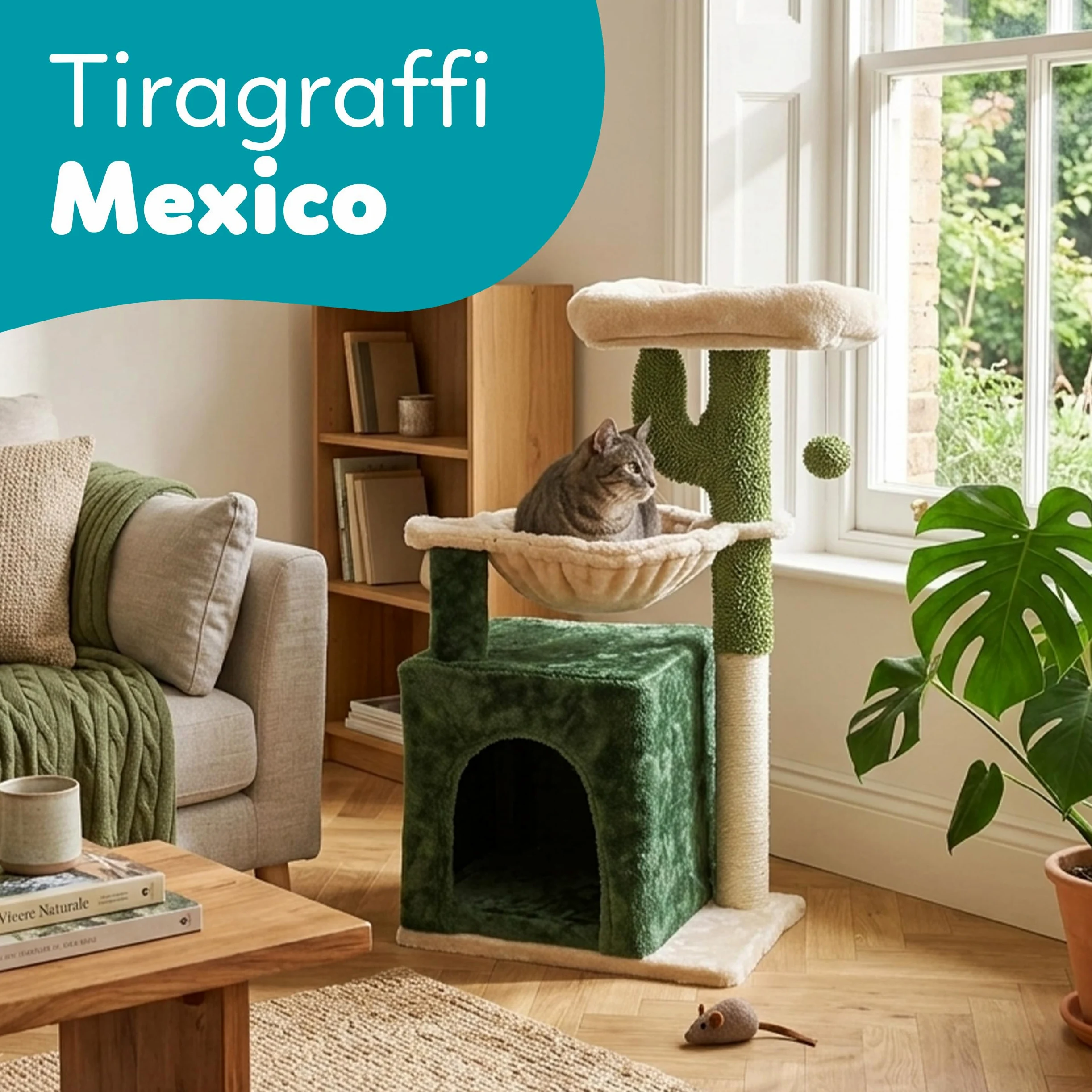 Aqpet Tiragraffi con Cuccia e Amaca in Sisal e tessuto, Alto 75 cm per il massimo divertimento del tuo gatto, Colore Beige/Verde