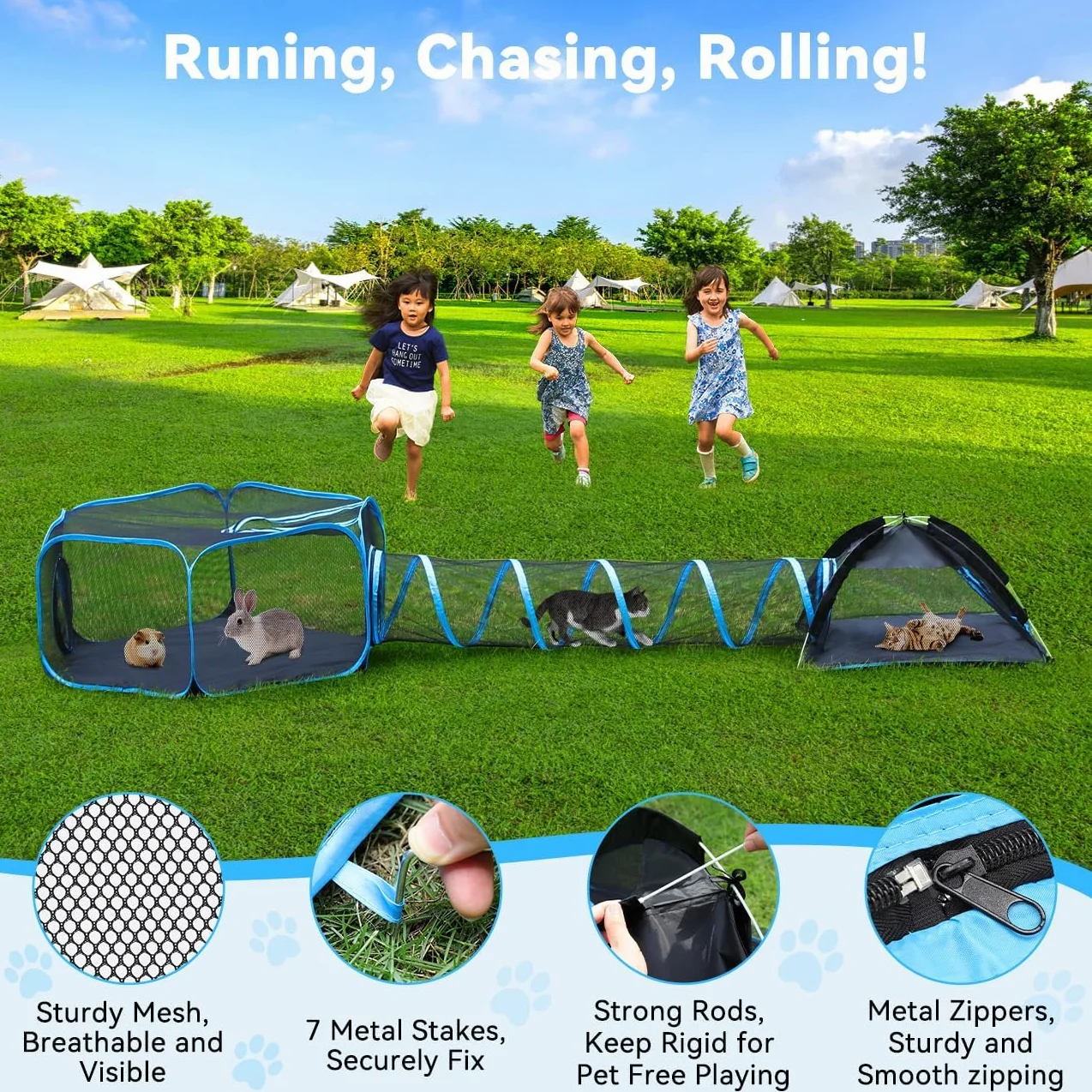 Pawaboo Tenda per Gatti con Tunnel, 3 in 1 Recinto per Gattis da Esterno con Tunnels, Recinzione per Animali Pieghevole e Portatile Box per Gatti, Include 1 Box+1 Tenda+1 Tunnel, Azzurro + Nero