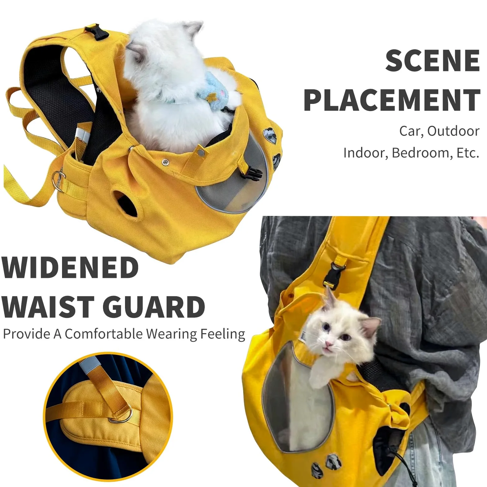 PETCUTE Borsa da trasporto per cani regolabile, tracolla ergonomica a mani libere per animali medi (10 kg max.) - Uso esterno/viaggio/metropolitana (giallo)