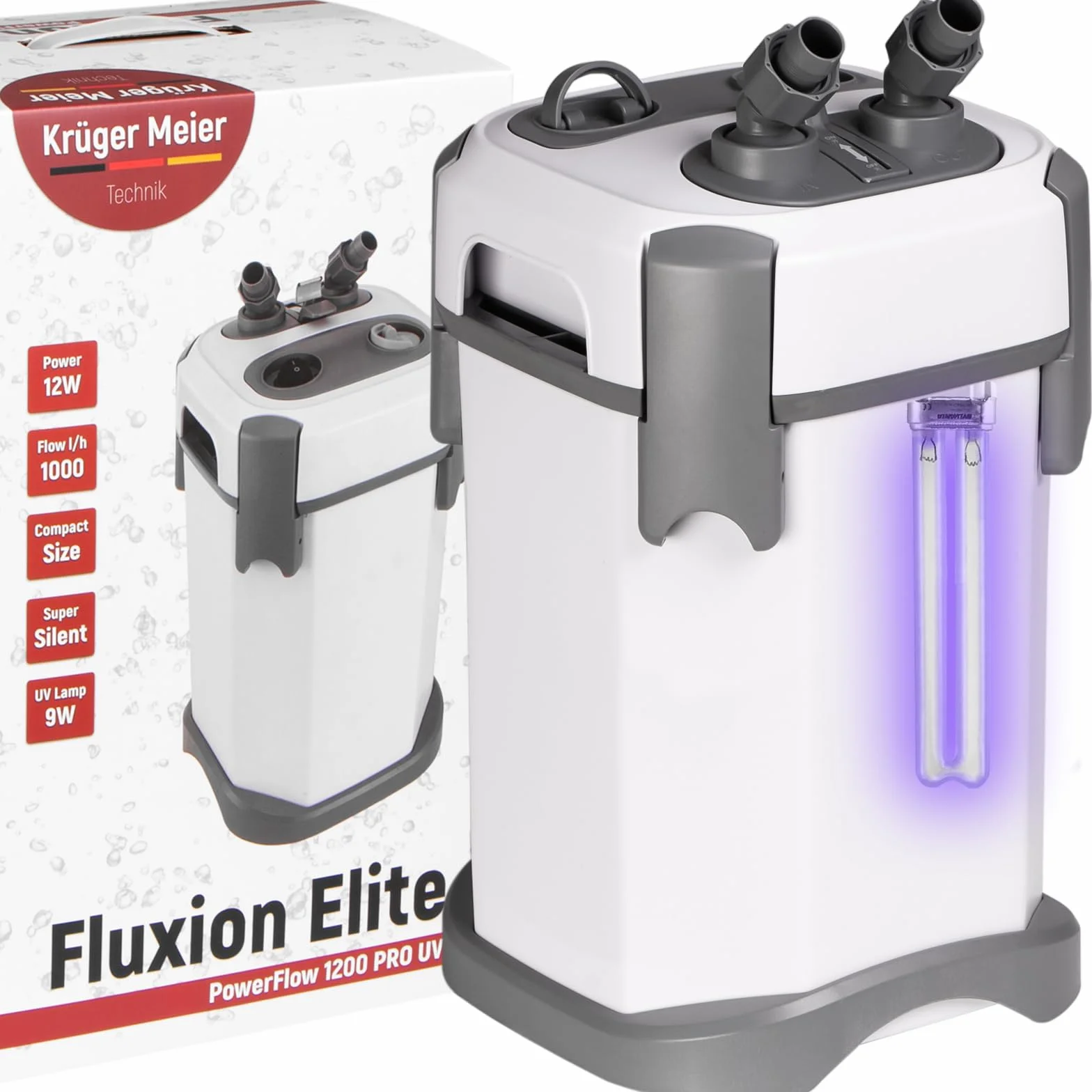 Fluxion Elite 1200 UVC PRO – Filtro Esterno per Acquario 100-250L con Lampada UV 9W, 3 Cestelli, Silenzioso, Regolazione Portata, Skimmer, Accessori Inclusi