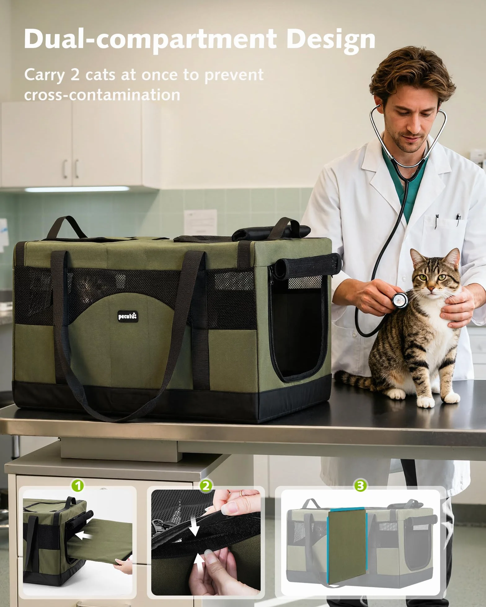 Pecute Trasportino per gatti a doppio scomparto, borsa per il trasporto di gatti ultra stabile, borsa da viaggio traspirante per gatti, traslochi e visite dal veterinario, Verde