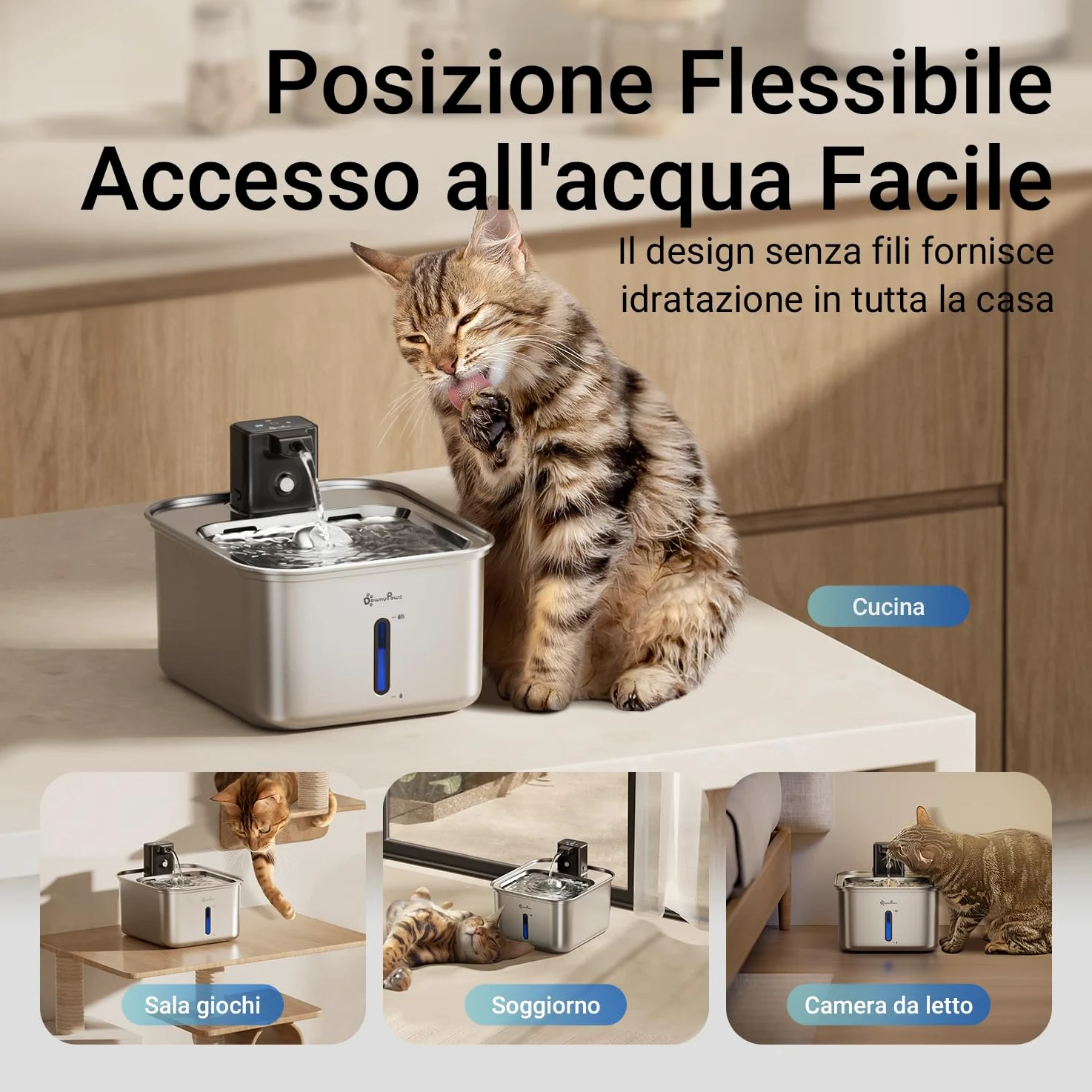 DownyPaws Fontanella per Gatti in Acciaio Senza Fili a Batteria, Fontana Gatto con Sensore di Movimento, 3L Fontanella Acqua Gatto e Lavabile in Lavastoviglie, Nero