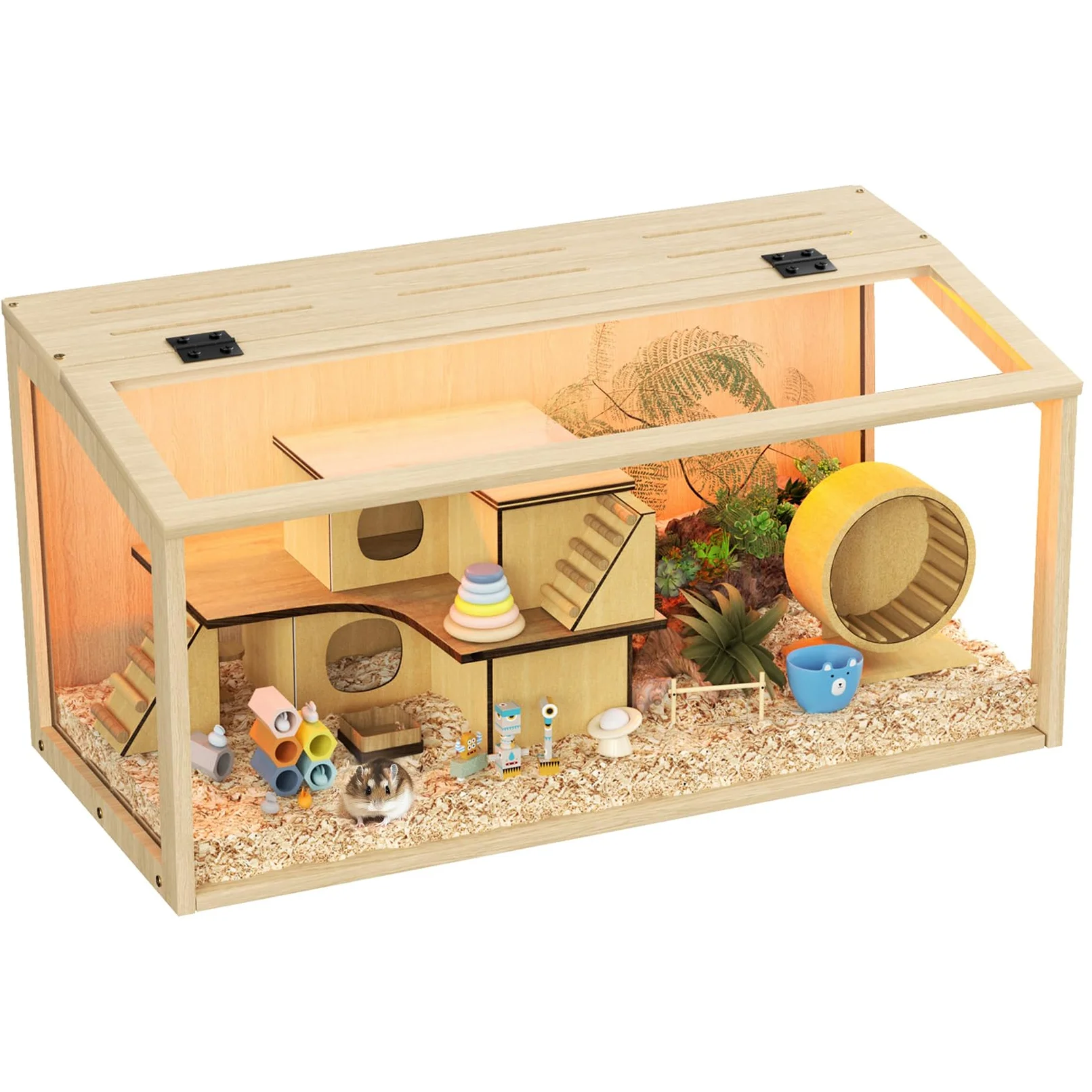 BingoPaw Gabbia per Criceti 60x40x40cm: Legno e Vetro temperato Trasparente con Luce, Gabbia Roditori Piccoli Animali Domestici, Solo Casetta Nessun Giocattolo Interno o Accessorio