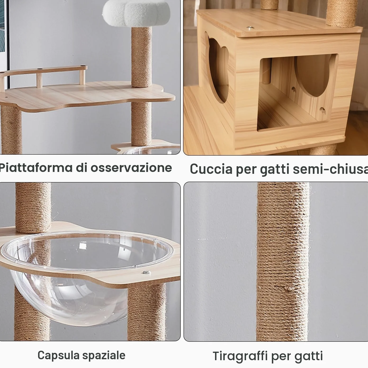 Albero per gatti da 170 cm, per interni, grande, adulto, torre con condominio, scale per gatti, 2 ciotole, 14 tiragraffi in sisal, posatoio superiore, con piattaforma imbottita, palline
