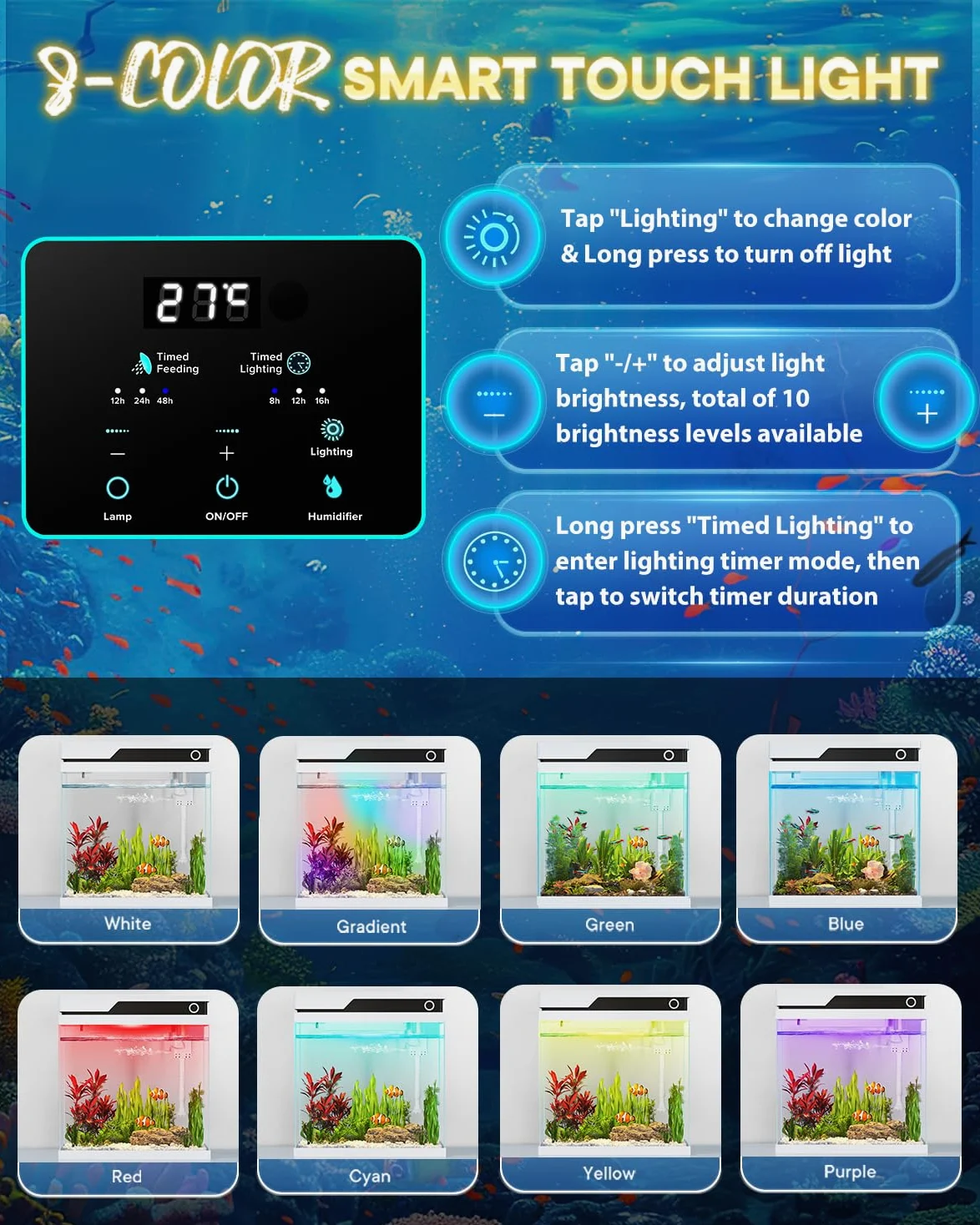 Vehipa Acquario per Pesci Rossi da 16L, Completo Acquario con Alimentatore Automatico, Pompa Silenziosa 4 in 1, Illuminazione Regolabile, Display della Temperatura e Umidificatore