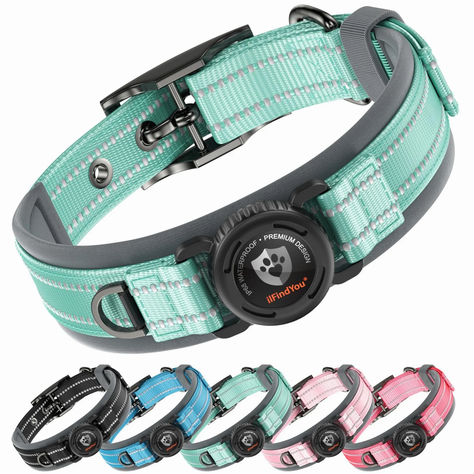 Collare per cani AirTag aggiornato con supporto, impermeabile e riflettente, collare per cani con imbottitura comoda allargata e fibbia in metallo ultra resistente, regolabile per cani di