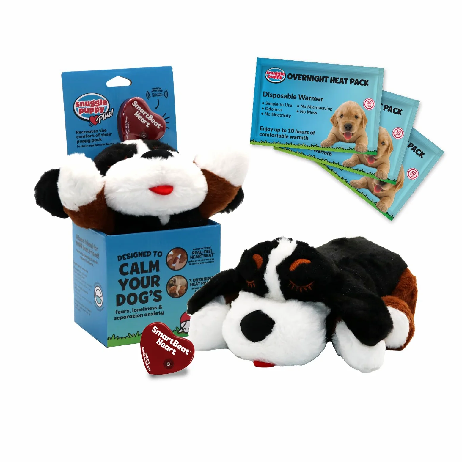 Snuggle Puppy Plus - Peluche per cani con battito cardiaco, sollievo dall'ansia e aiuto calmante, giocattolo comodo per allenamento comportamentale (Bernese)