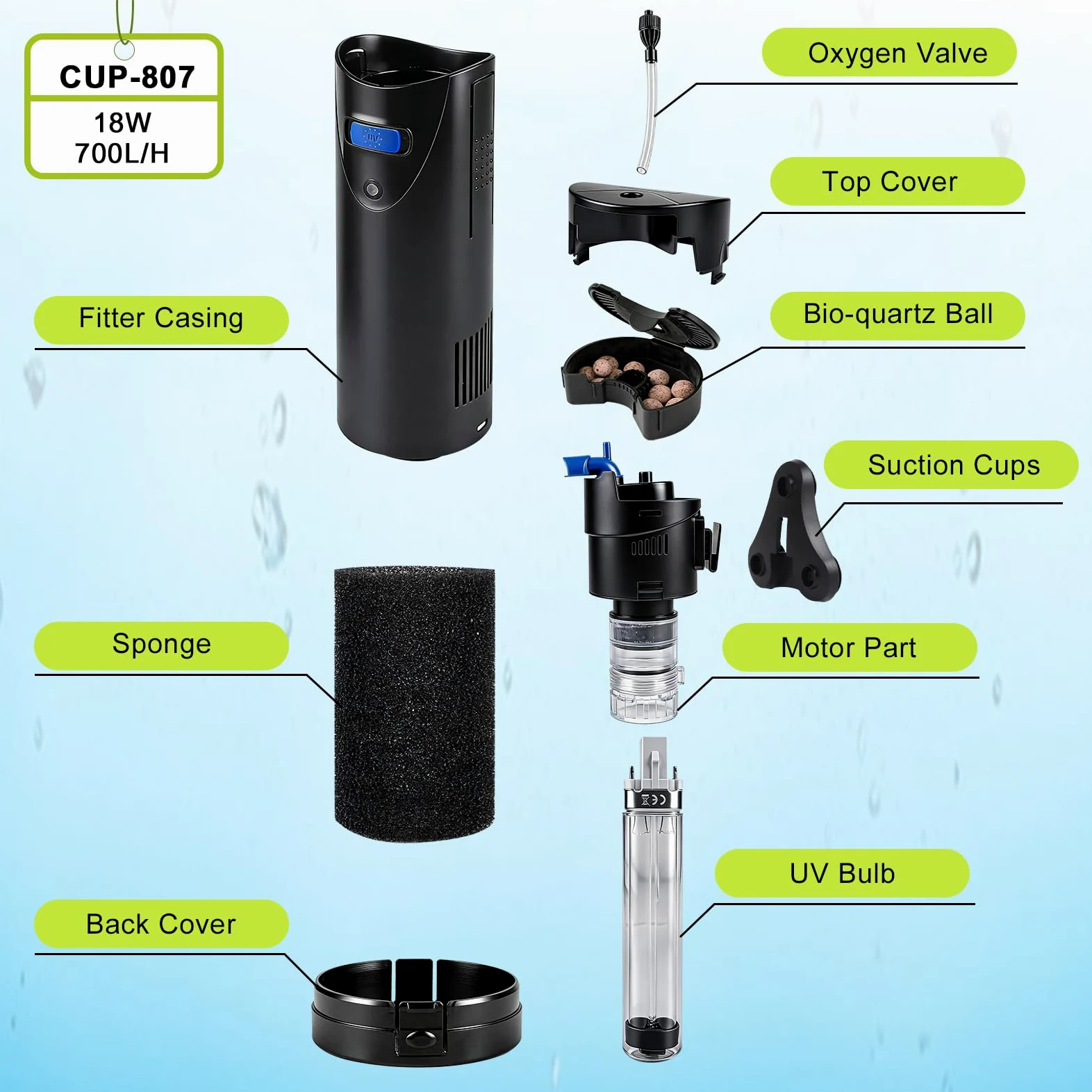 EXLECO Filtro Interno Acquario 4 in 1 con Lampada UVC da 7W, Aeratore 700 L/h 18W, Include Pompa Acqua, Skimmer e Materiale, Ossigenatore per Tartarughiera per Tartarughe d'Acqua 150-300 Litri