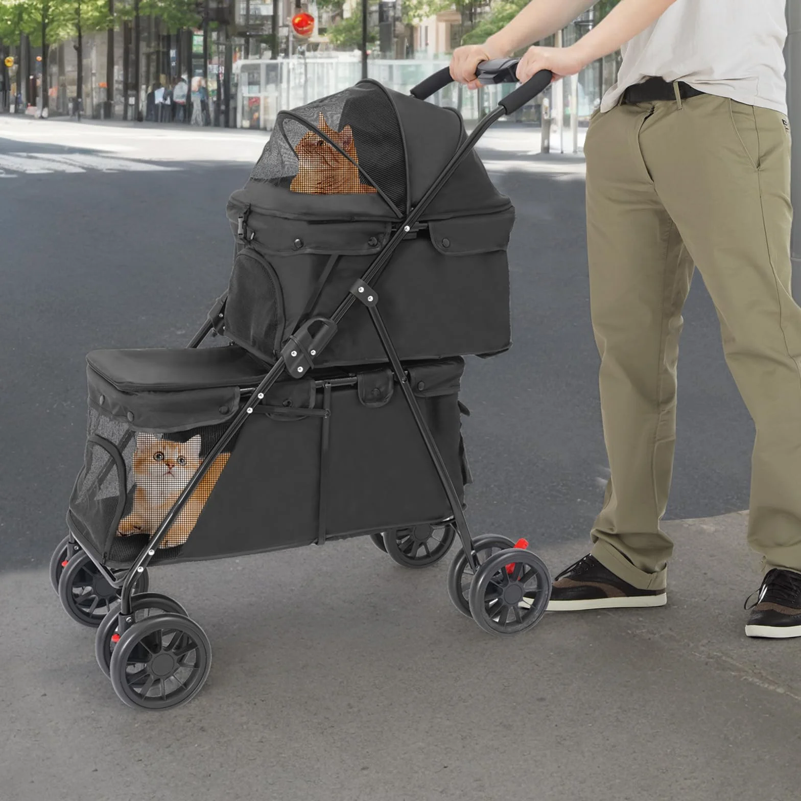 Passeggino pieghevole per cani, 2 ripiani, per cani e gatti, con custodia e cinture di sicurezza, per cani e gatti (nero)