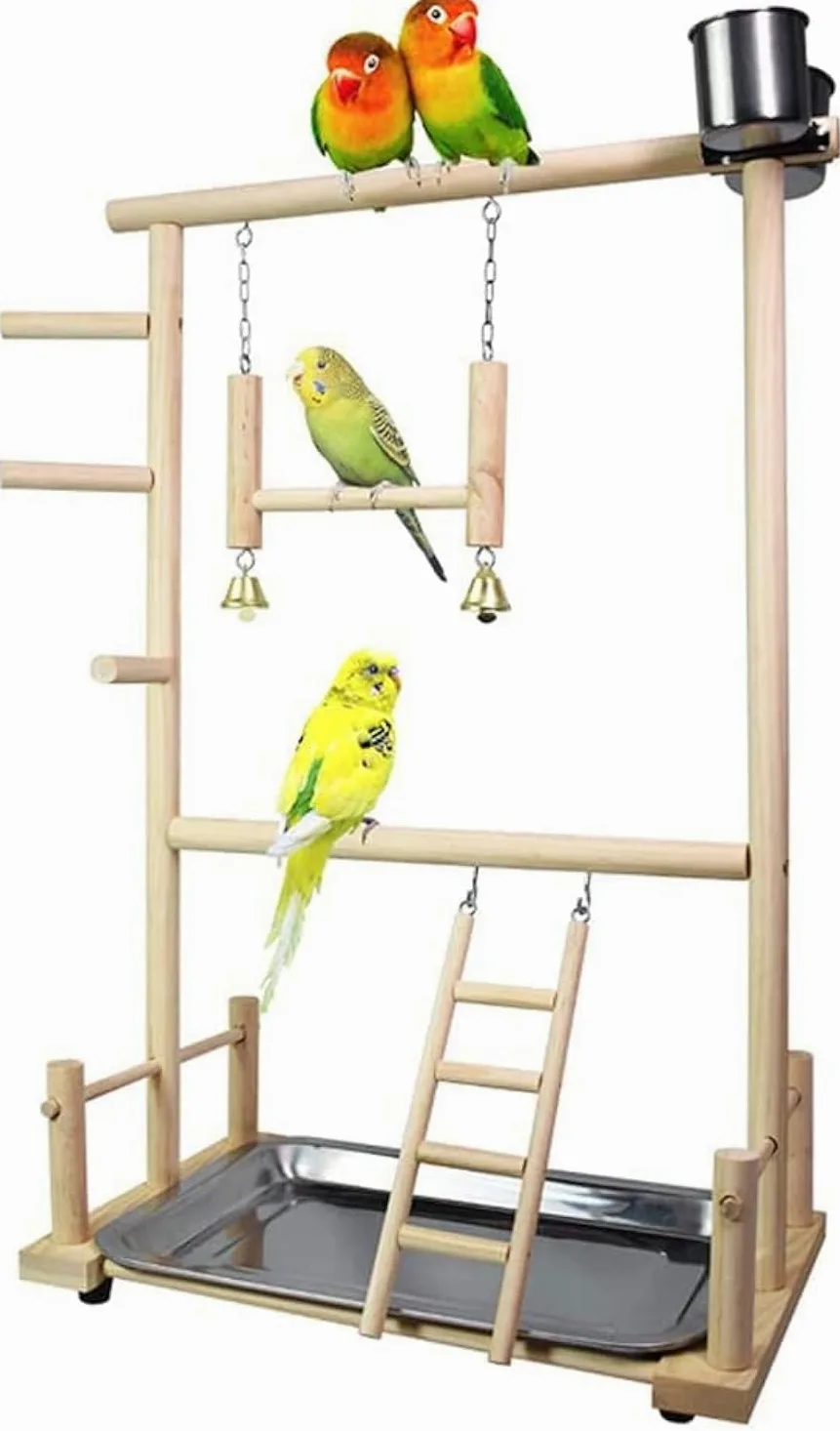 Supporto per pappagalli, parco giochi per uccelli, in legno, con scaletta con giocattoli, per piccoli parrocchetti, calopsitte, conuri, fringuelli, pappagallini