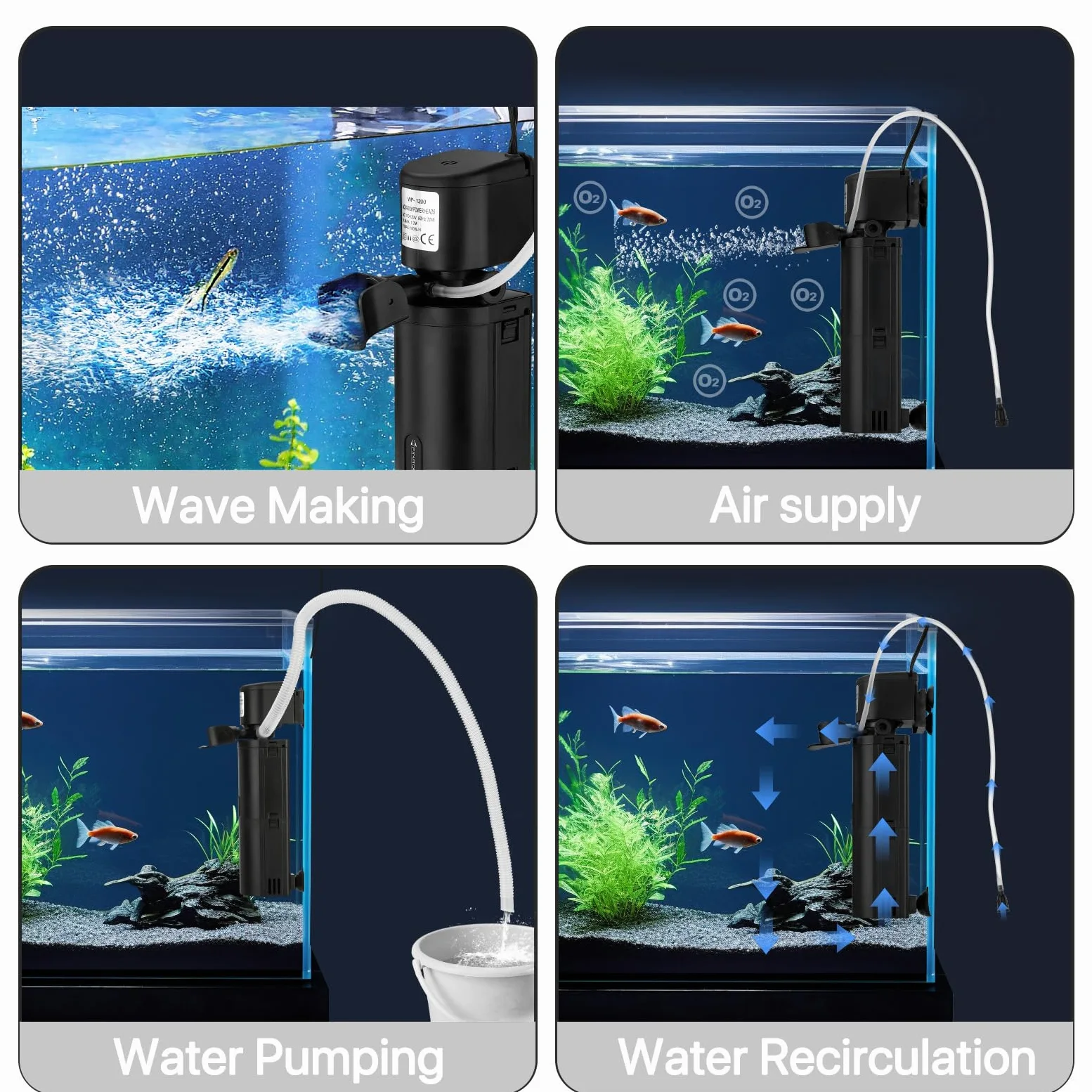 Filtro UV per acquario a doppia camera, filtro sommergibile 4 in 1 per serbatoi di tartarughe da 20-75 galloni, macchina verde ultra silenziosa con filtrazione, produzione di onde e ossigenazione