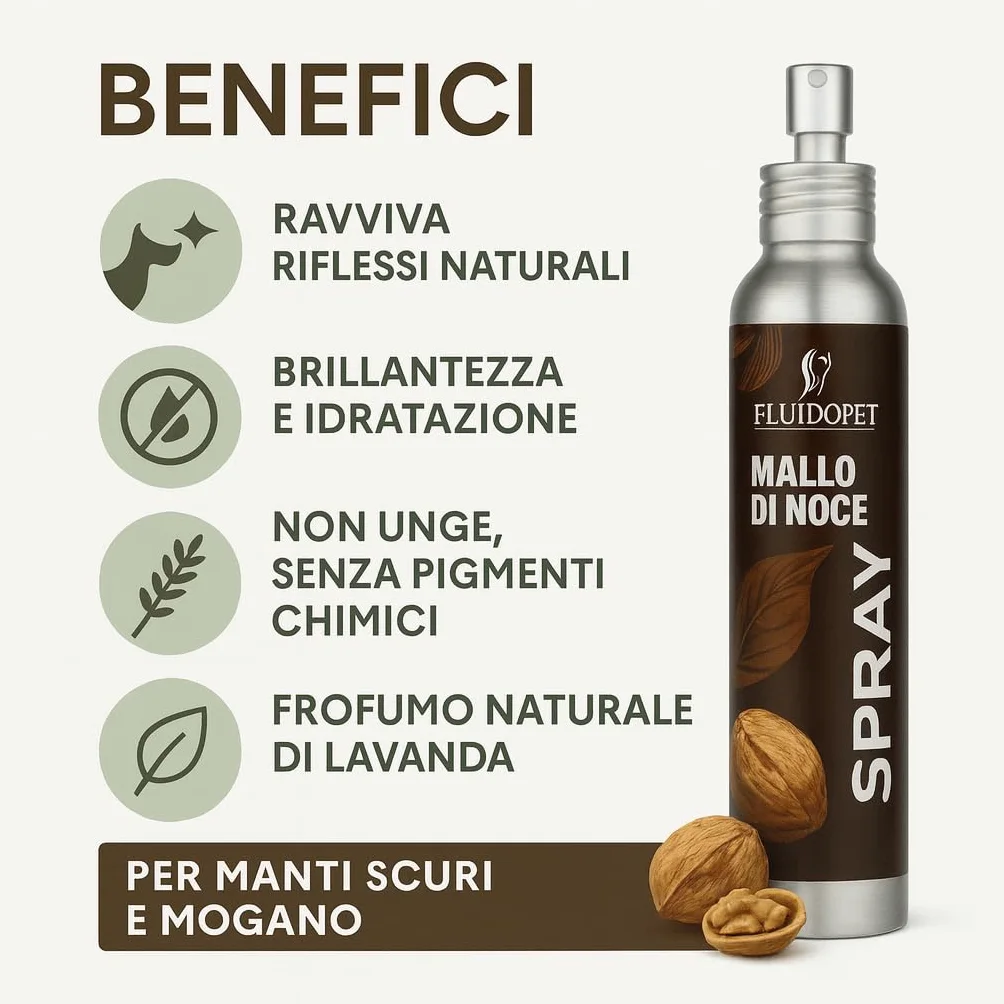 Spray al Mallo di Noce | Ravvivante colore per Manti Neri, Marroni e Scuri – Effetto Naturale e Brillante – Lucidante Professionale per Pelo Cane (150ml)