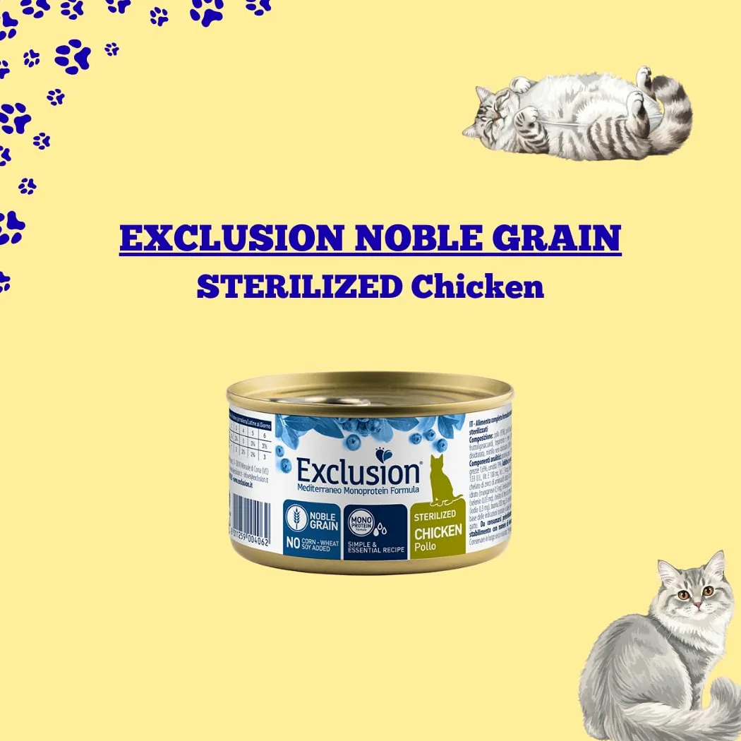 EXCLUSION Mediterraneo NobleGrain Cat Sterilized Chicken All Breeds | alimento umido completo gusto pollo per gatti sterilizzati di tutte le taglie e razze, monoproteico, 12 lattine da 85 grammi.