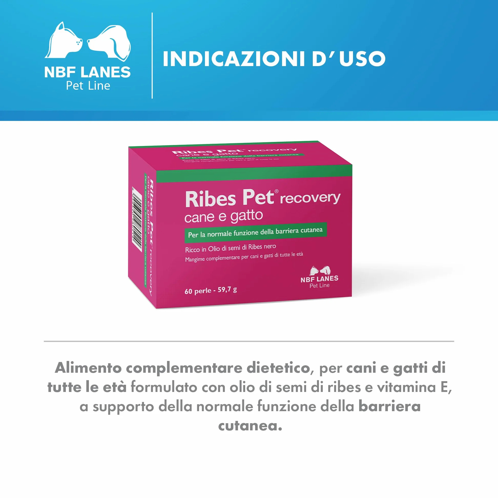 NBF Lanes | Ribes Pet Recovery Cane e Gatto, 60 Perle Appetibili, per la Normale Funzione della Barriera Cutanea
