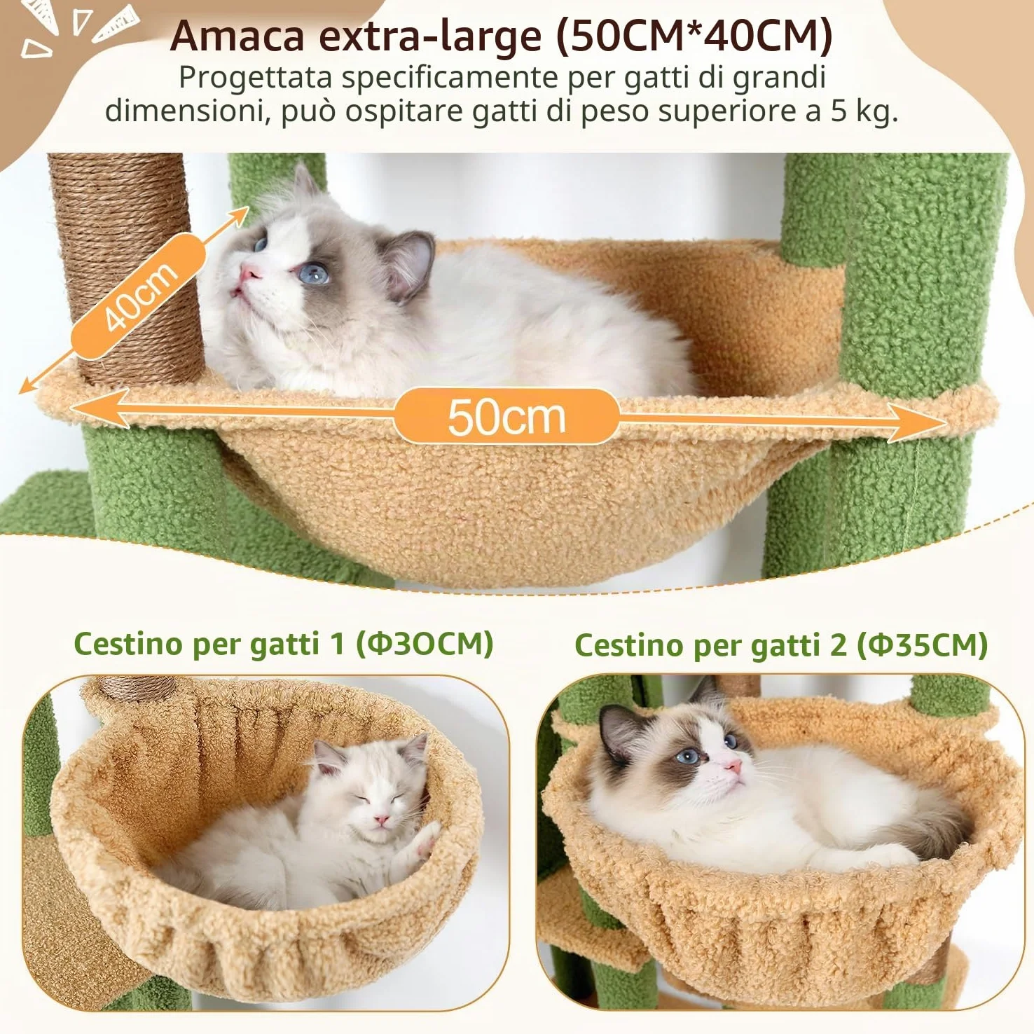 Globlazer Albero Tiragraffi per Gatti XXL 194 cm con 2 Grande Grotte, Immenso Amaca 50 * 40CM, Piattaforma Imbottiti, 2 Cestini, Trespoli, Enorme Cactus Tiragraffi per 3-5 Gatti Adulti (S76B, Verde)