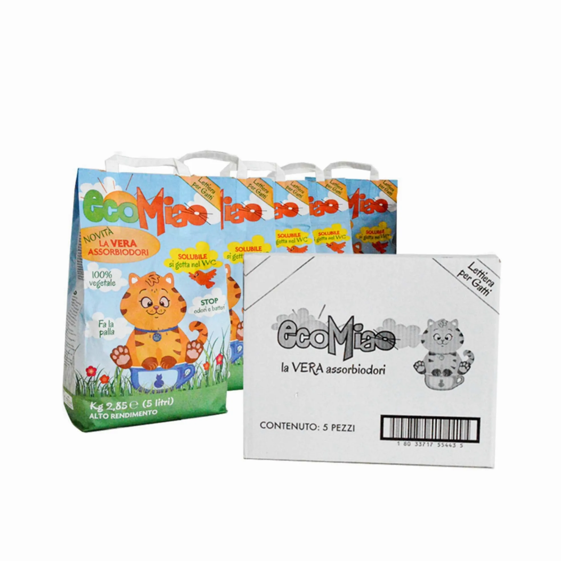 Lettiera gatti biodegradabile agglomerante | Sabbia 100% vegetale | elimina completamente il cattivo odore | Solubile si getta nel WC | Multipack (Classica, 5 X 5L)