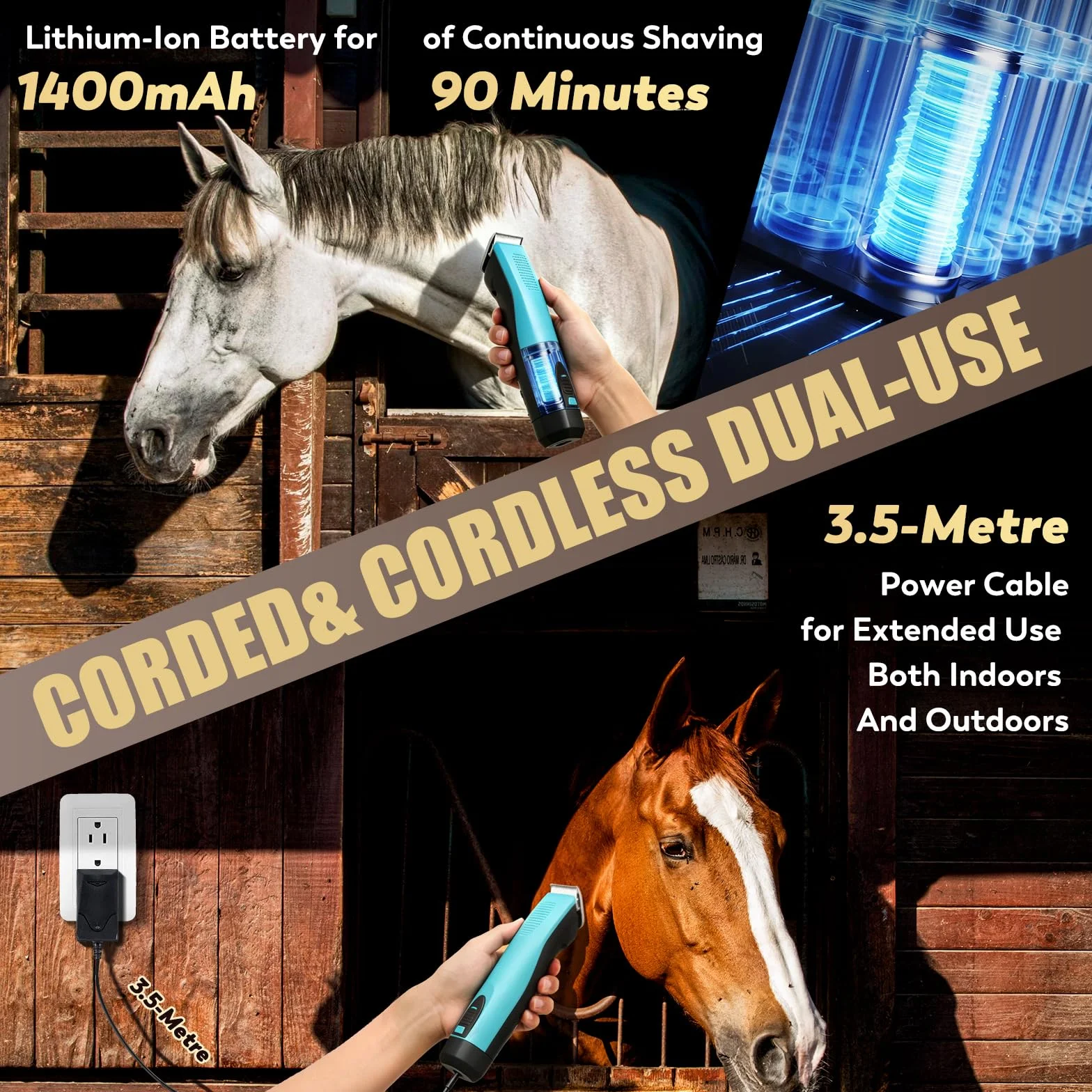 CGOLDENWALL Tosatrice per Cavalli, Batteria al Litio 1400mAh & 3.5m Cavo per Uso Cordato/Cordless, 3200-4000rpm Regolazione della Velocità 2, per Cane, Cavallo, Capra e Animale a Pelliccia Spessa