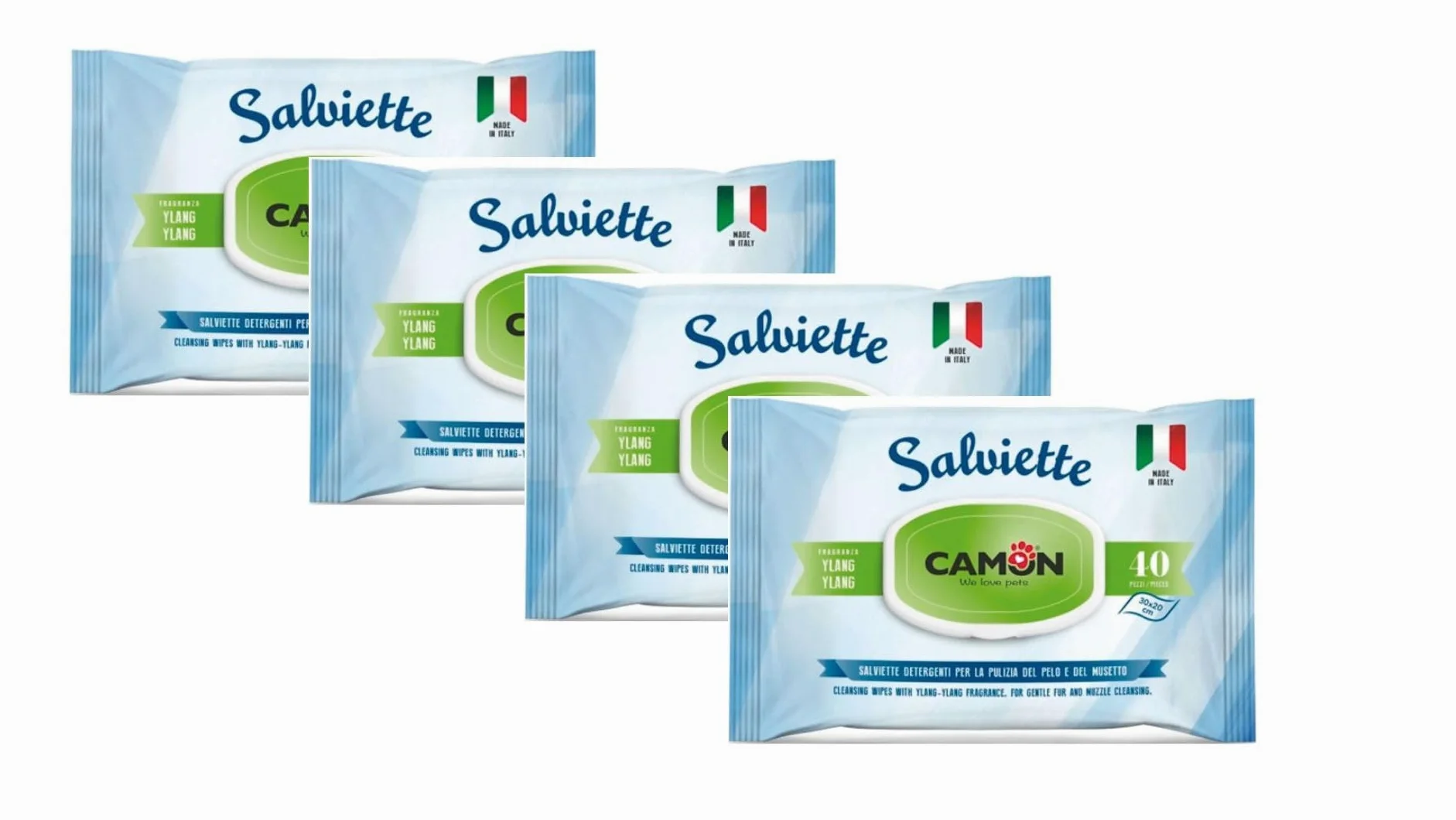 Camon - Salviette detergenti per cani e gatti, 40 salviettine (confezione da 4) (Ylang-Ylang)