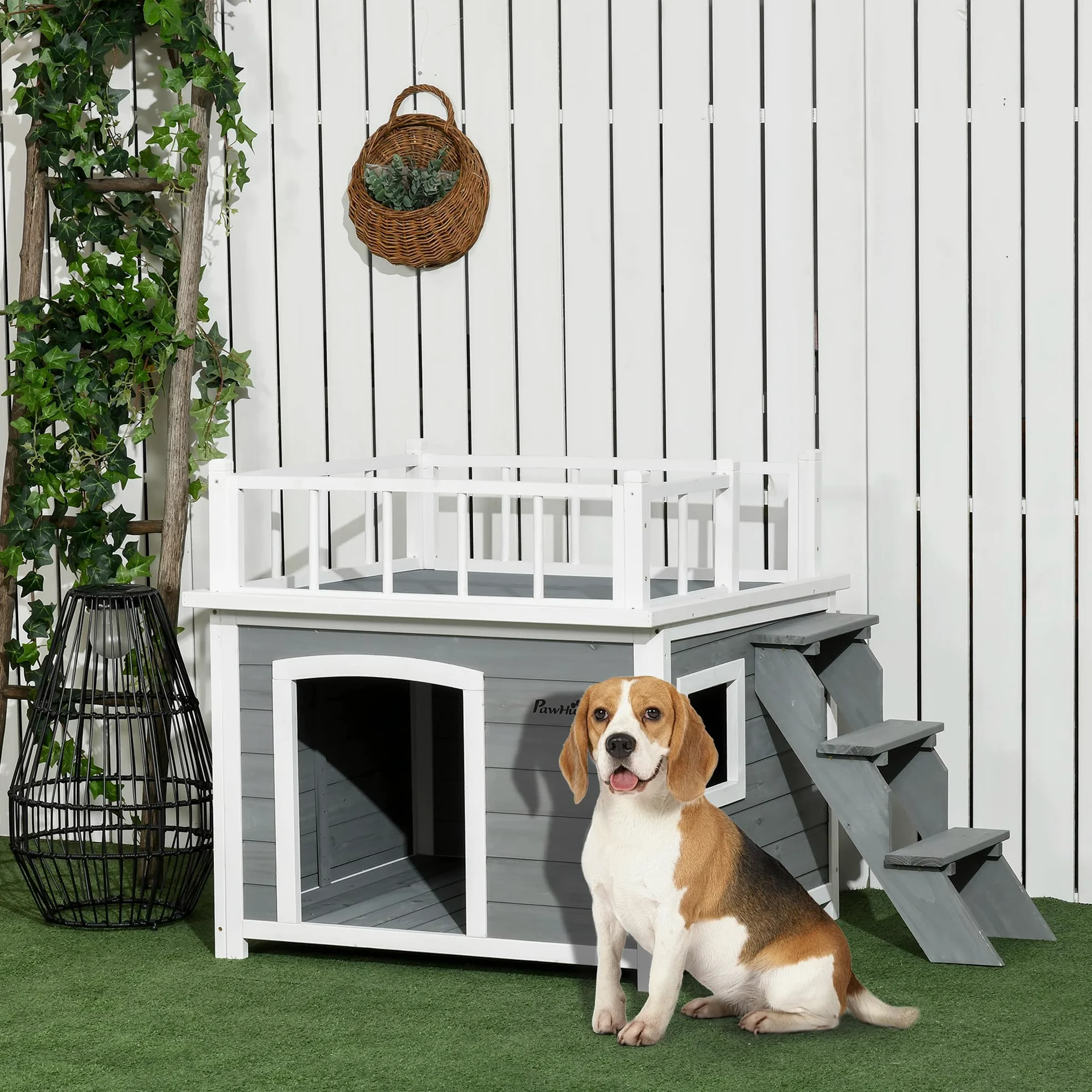 Pawhut Casetta per Cani di Piccola e Media Taglia con Terrazza, Scaletta e Finestra,121x77x78cm, Grigio chiaro
