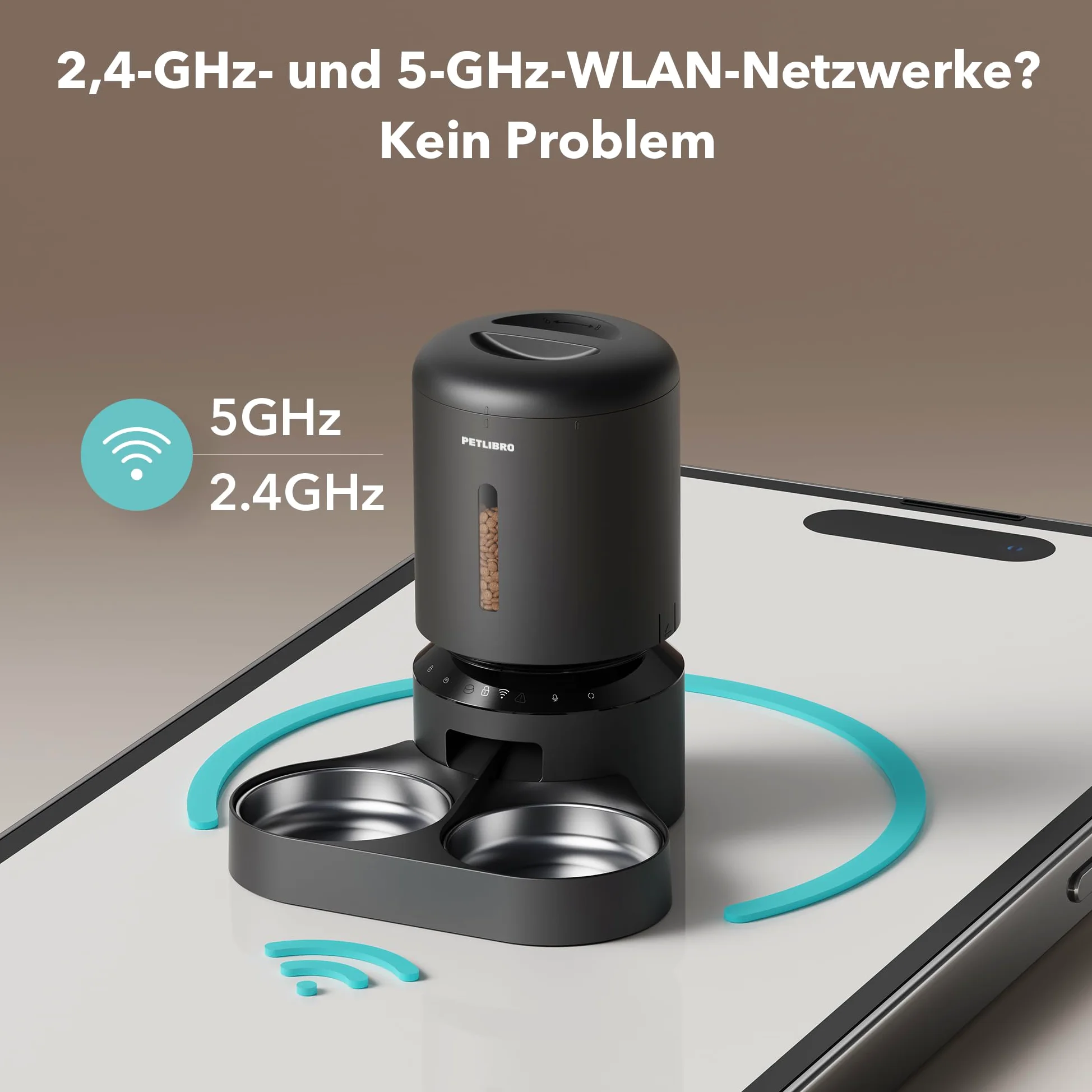 PETLIBRO 5G Wi-Fi Distributore Automatico Cibo Gatti, 5L Distributore Automatico Cibo Cani con 2 Ciotole in Acciaio Inox, 10 Pasti e Controllo del Timer, USB e Batterie, Voce bidirezionale, Nero