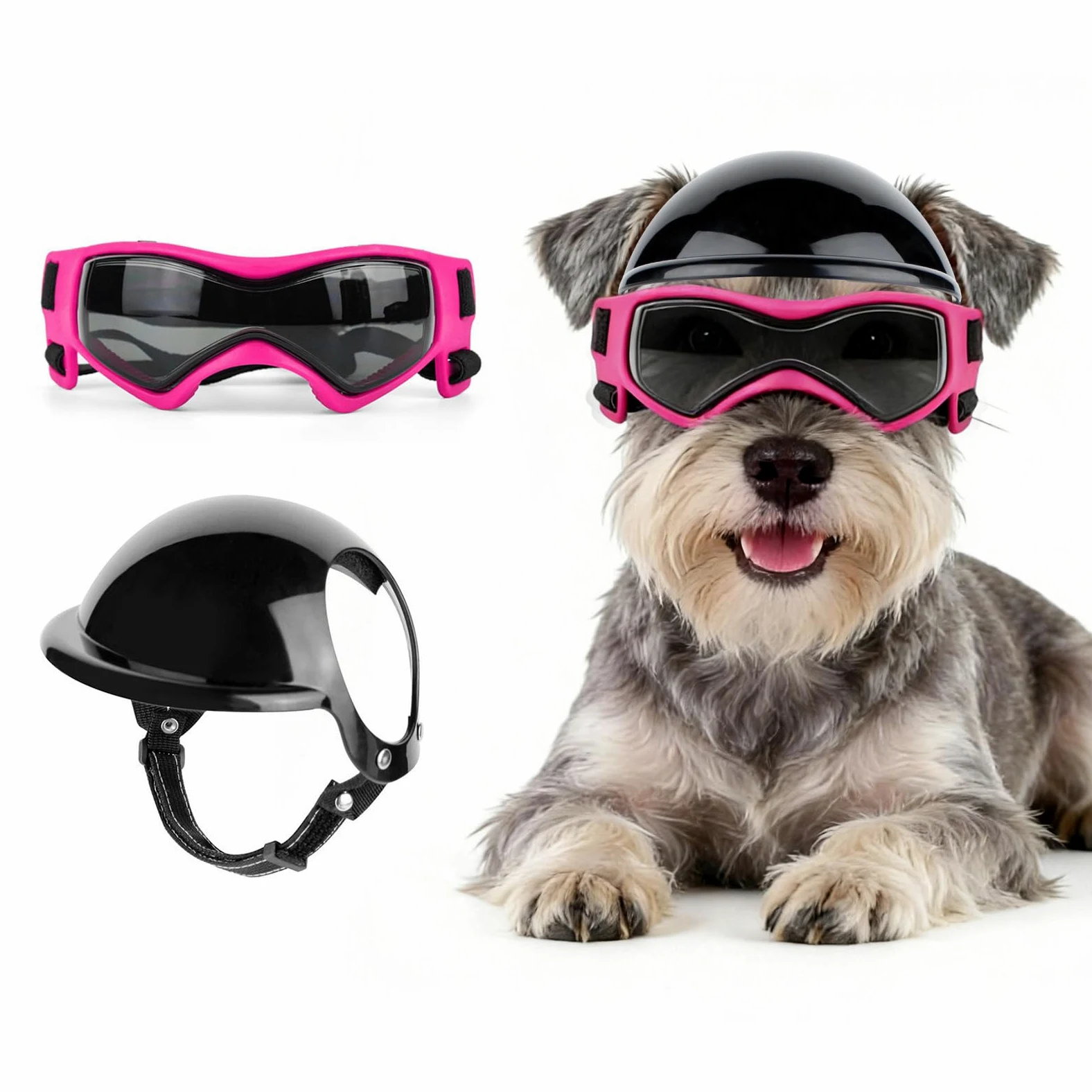 LESYPET Occhiali per cani di piccola taglia con casco, occhiali da sole e casco per guida all'aperto, protezione UV, occhiali da sole per cani di piccola taglia, protezione per gli occhi, rosa e nero